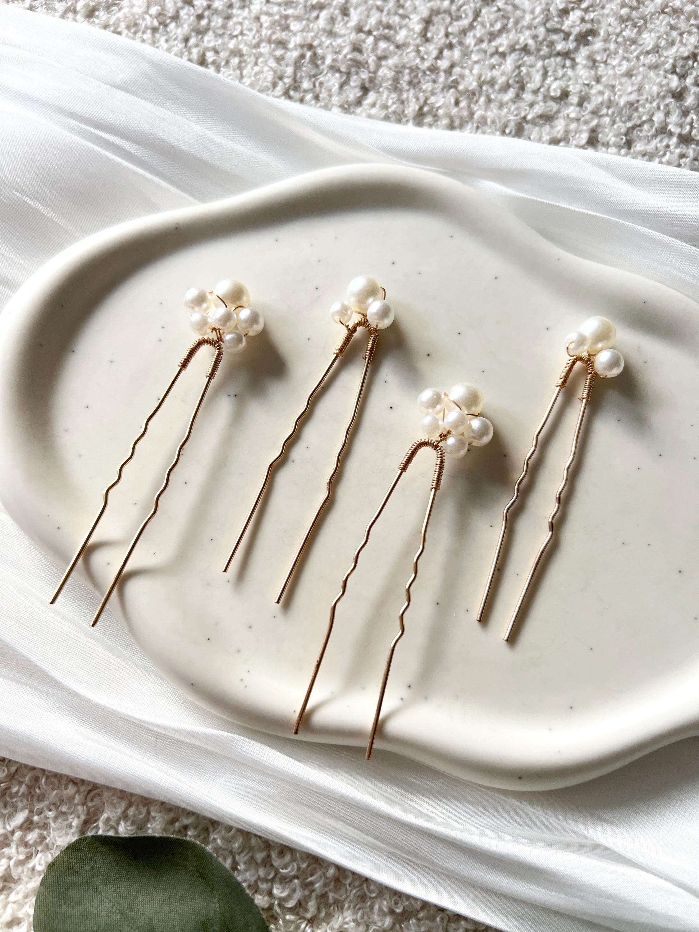 Braut Haarschmuck Set 4 Stück Haarspange gold mit weißen Perlen Haarnadeln Brautschmuck Hochzeitsschmuck Brautjungfer Trauzeugin Hochzeit