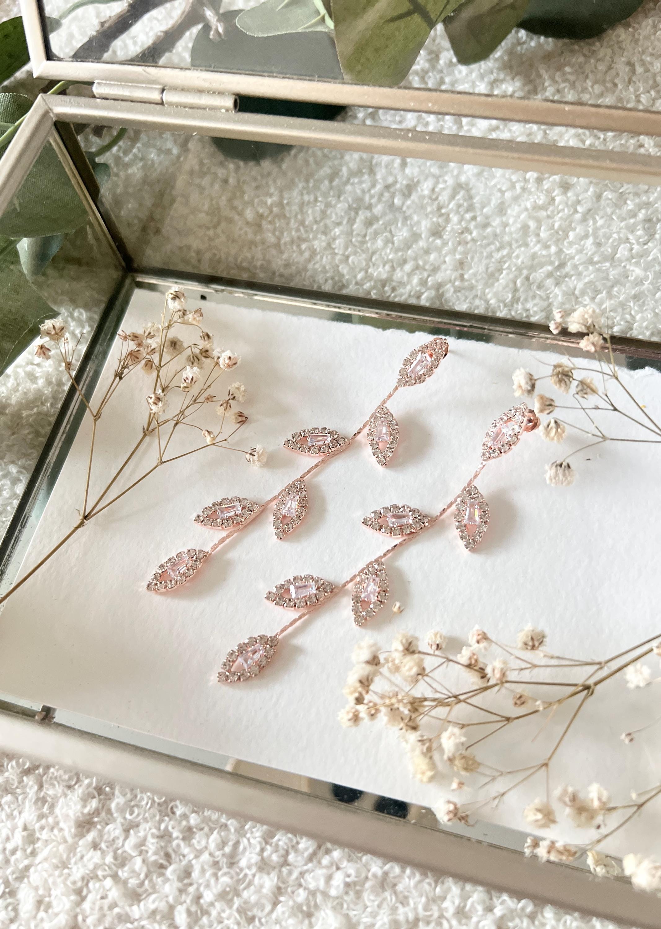 Lange Ohrringe, Brautohrringe, Roségold, Strasssteine, glänzende Brautohrringe, Brautschmuck, Schmuck Hochzeit, Brautjungfer, Hängeohrringe, Blätter