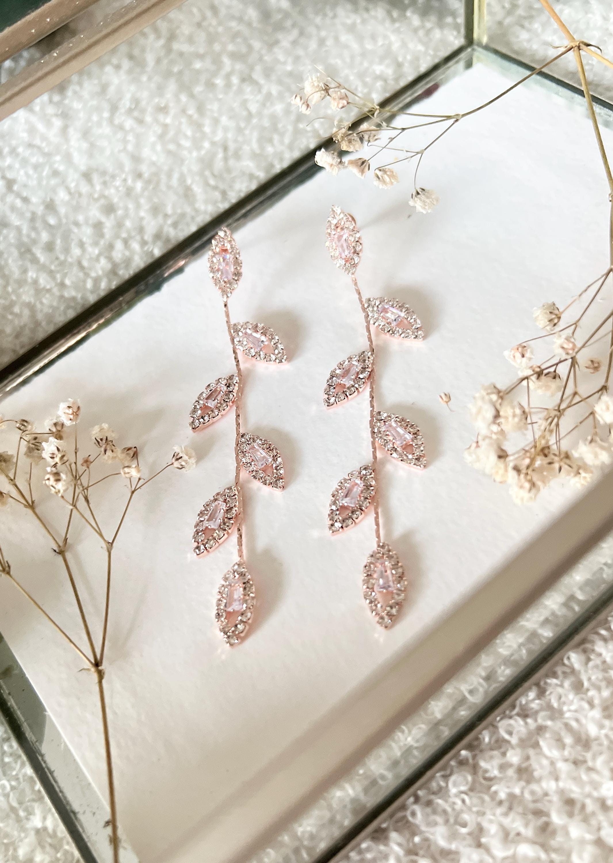 Lange Ohrringe, Brautohrringe, Roségold, Strasssteine, glänzende Brautohrringe, Brautschmuck, Schmuck Hochzeit, Brautjungfer, Hängeohrringe, Blätter