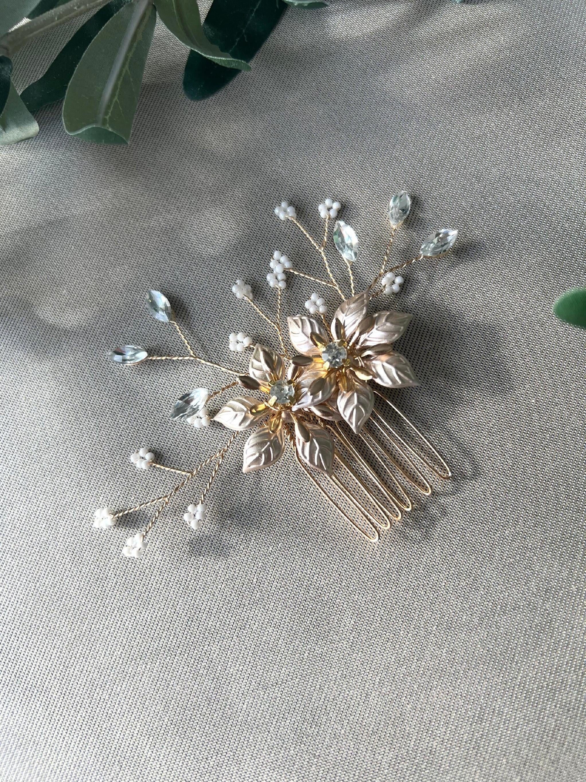 Braut Haarkamm, gold, Blumen, Strass, Perlen Haarschmuck, Hochzeit, eleganter Brautschmuck,-Brauthaarschmuck-Schmuckblüte