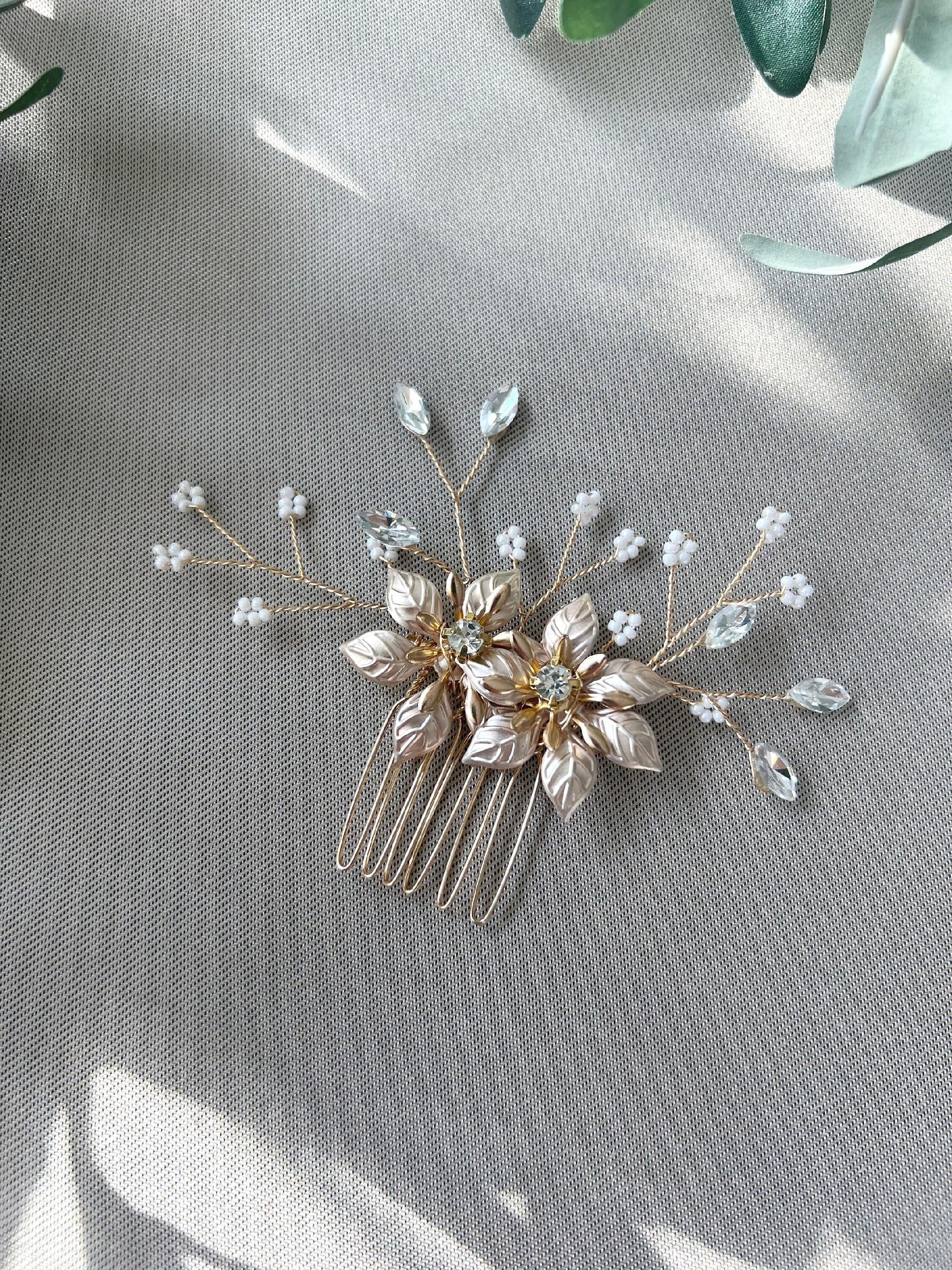 Braut Haarkamm, gold, Blumen, Strass, Perlen Haarschmuck, Hochzeit, eleganter Brautschmuck,-Brauthaarschmuck-Schmuckblüte