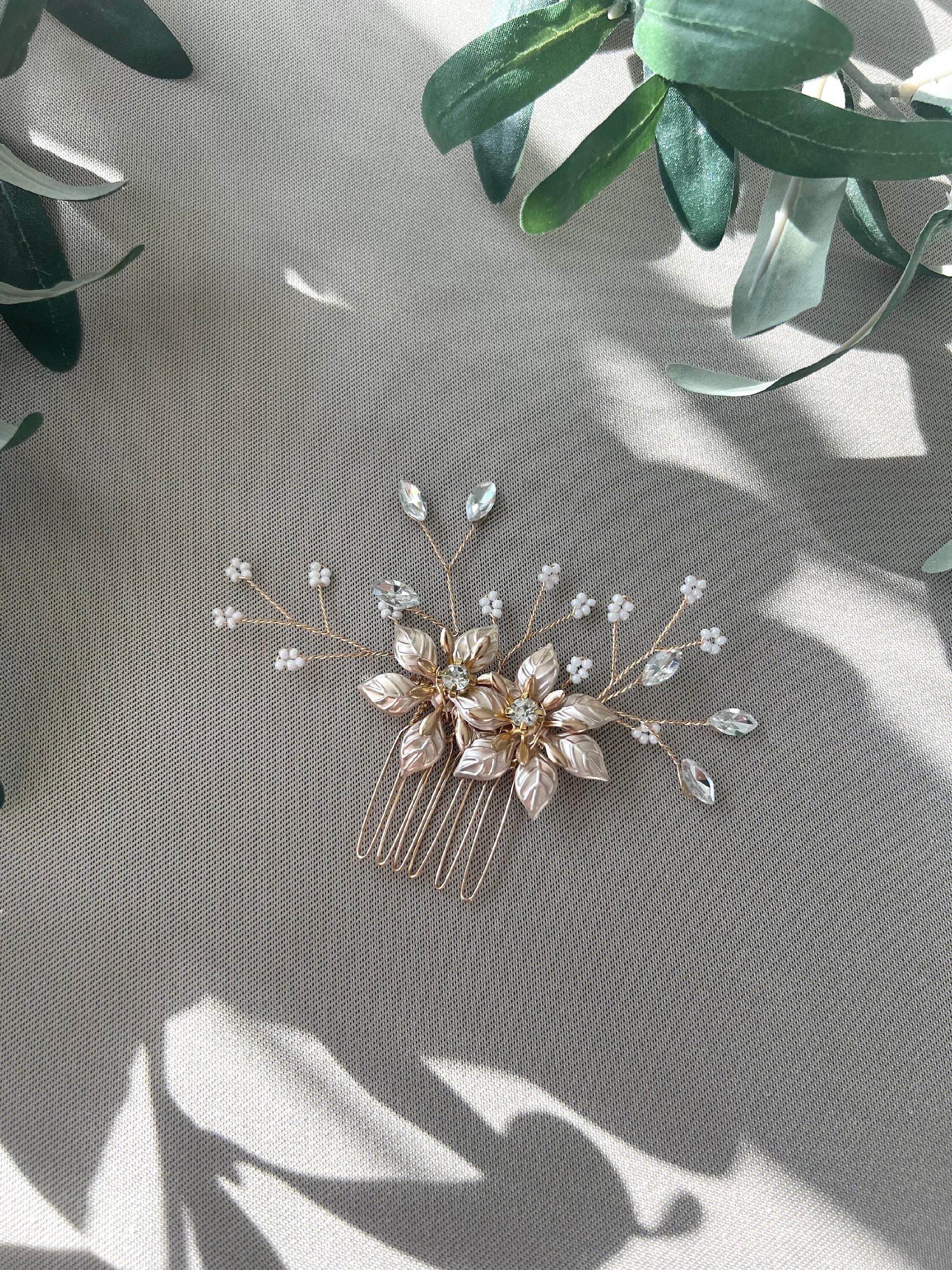 Braut Haarkamm, gold, Blumen, Strass, Perlen Haarschmuck, Hochzeit, eleganter Brautschmuck,-Brauthaarschmuck-Schmuckblüte