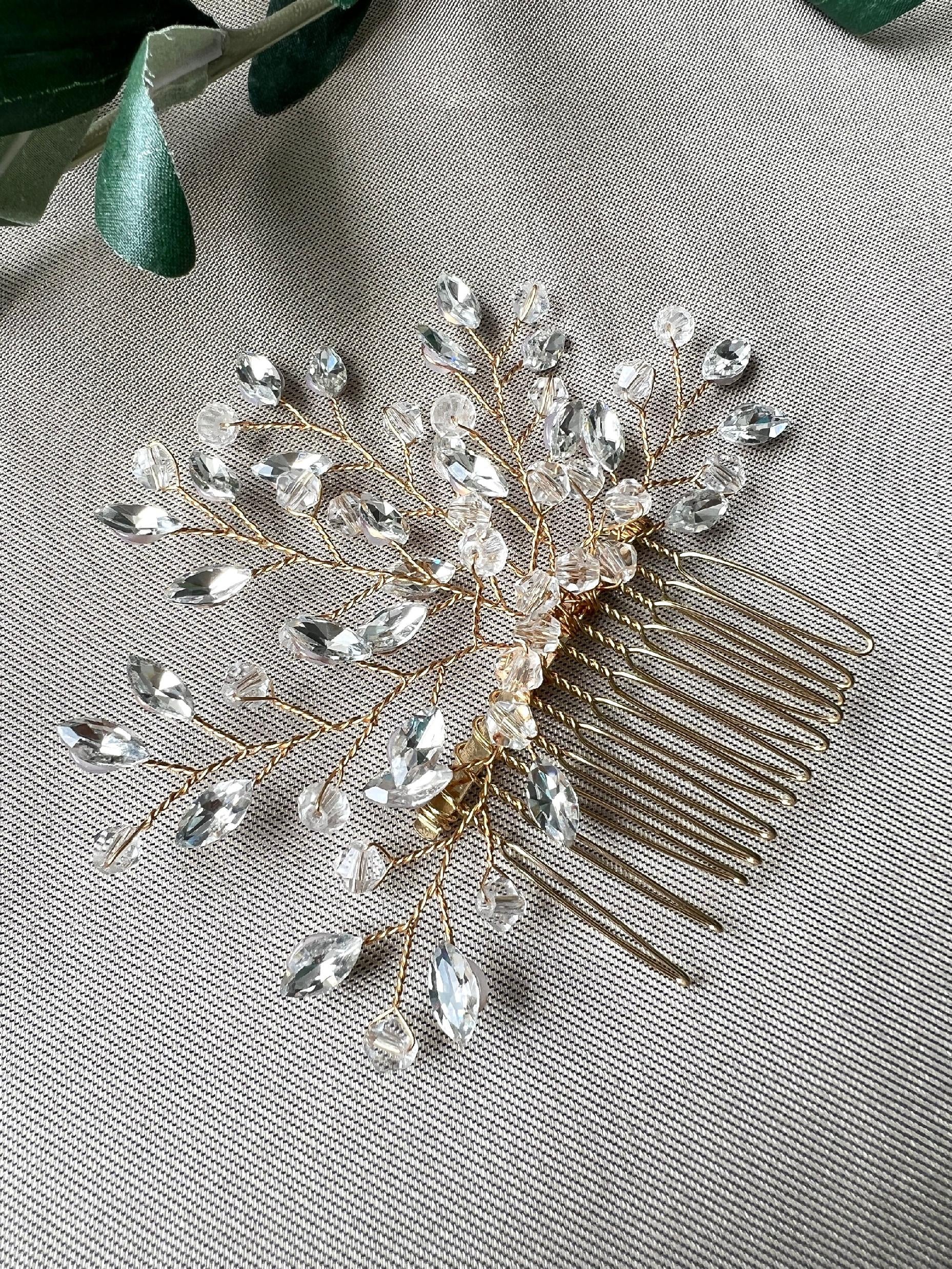 Braut Haarschmuck, Haarkamm, Perlen, gold, Hochzeit, Brautfrisur - Gold-Brauthaarschmuck-Schmuckblüte