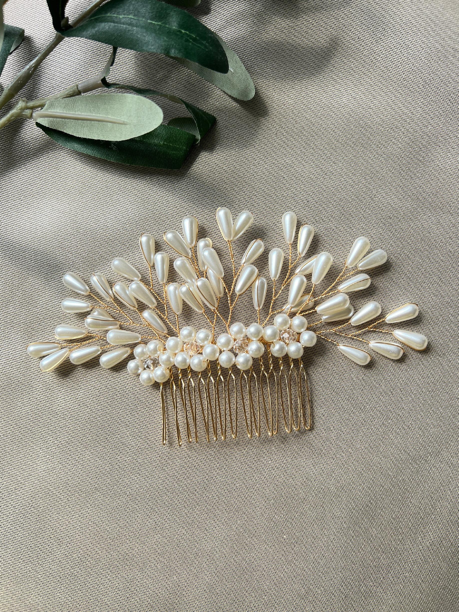 Braut Haarschmuck, Haarkamm, Perlen, gold, Hochzeit, hochwertiger Brauthaarschmuck-Brauthaarschmuck-Schmuckblüte