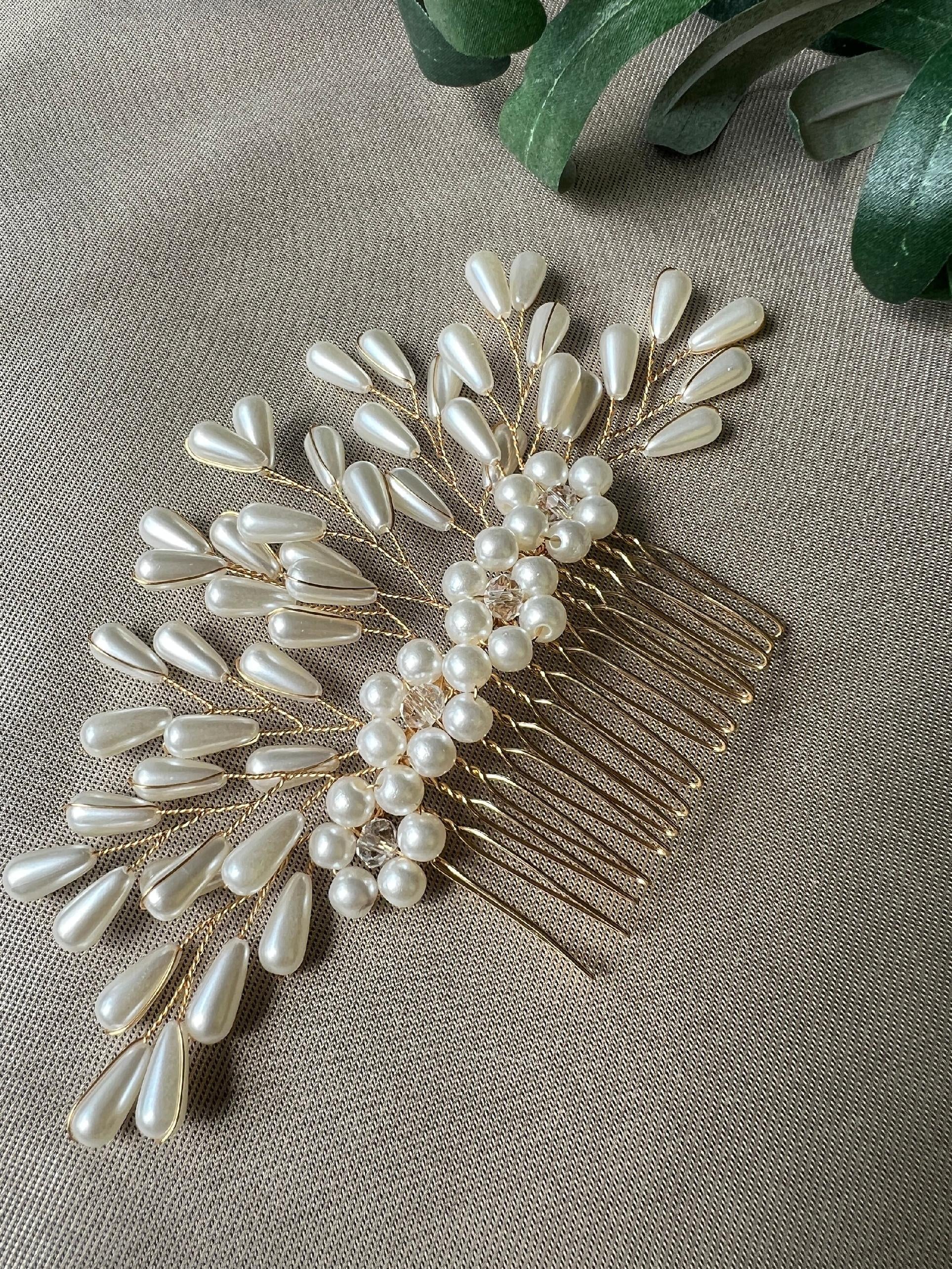 Braut Haarschmuck, Haarkamm, Perlen, gold, Hochzeit, hochwertiger Brauthaarschmuck-Brauthaarschmuck-Schmuckblüte