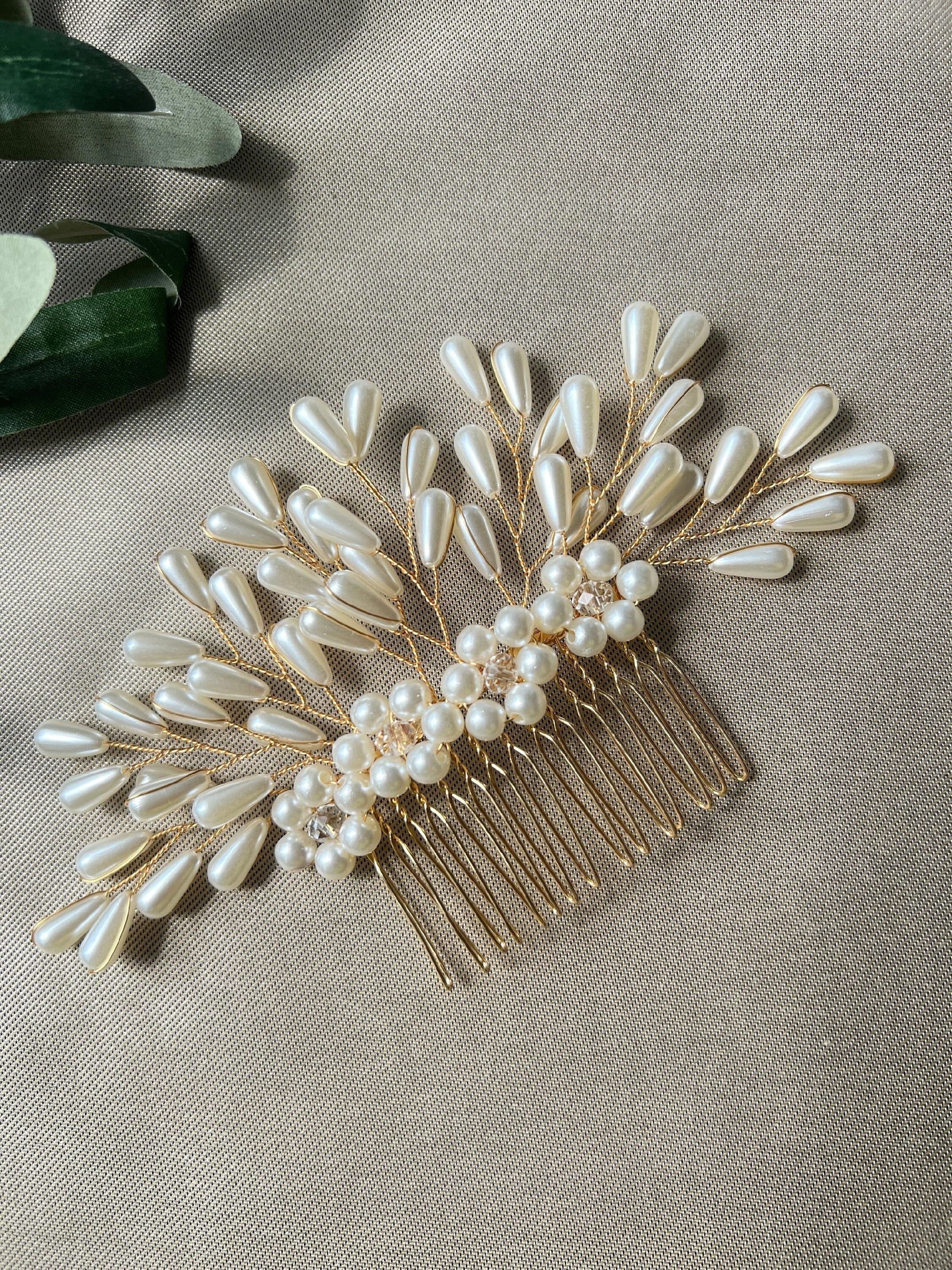 Braut Haarschmuck, Haarkamm, Perlen, gold, Hochzeit, hochwertiger Brauthaarschmuck-Brauthaarschmuck-Schmuckblüte