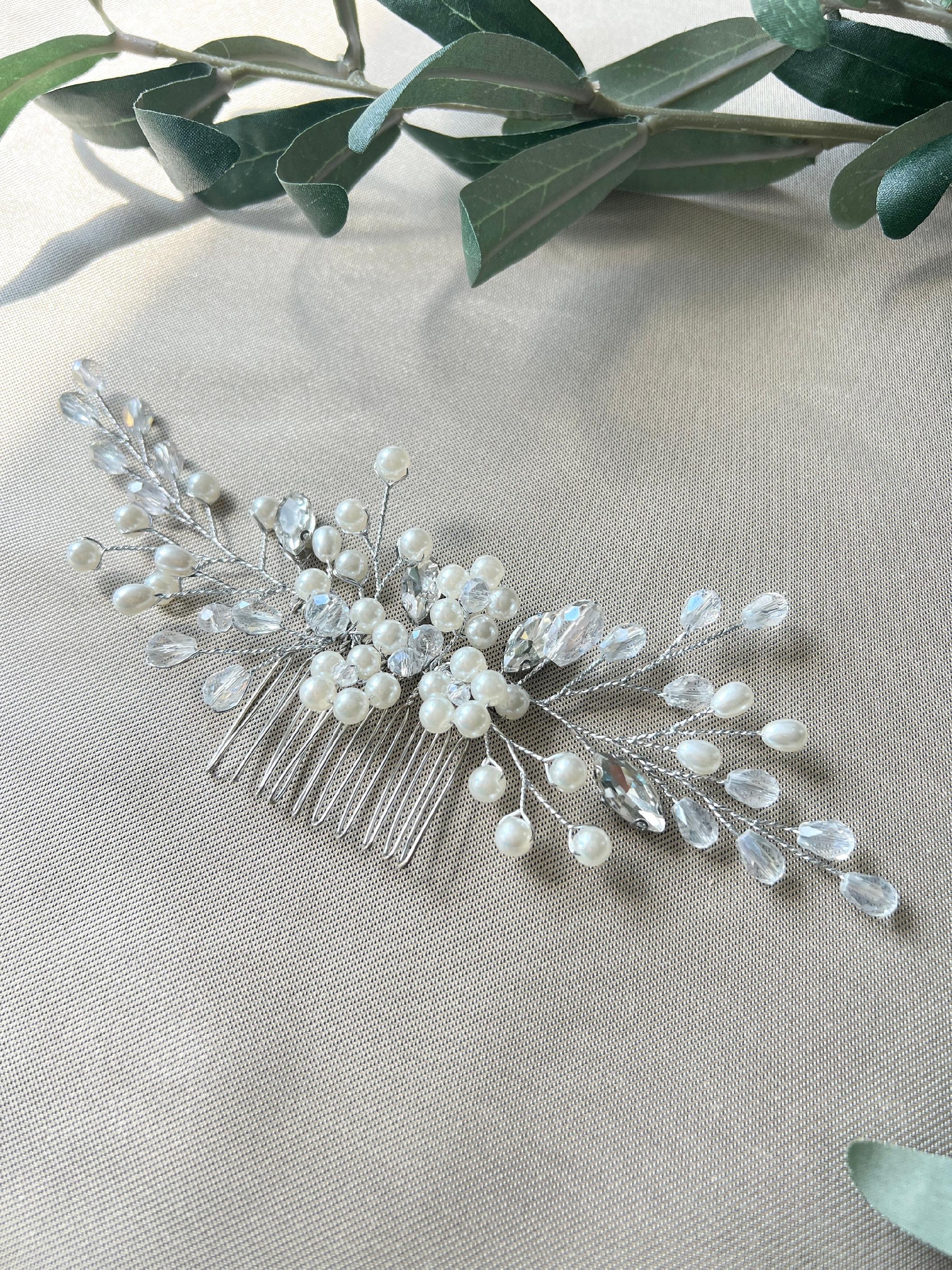 Braut Haarschmuck, Haarkamm, Perlen, silber, Blumen, Hochzeit, hochwertiger Brauthaarschmuck-Brauthaarschmuck-Schmuckblüte