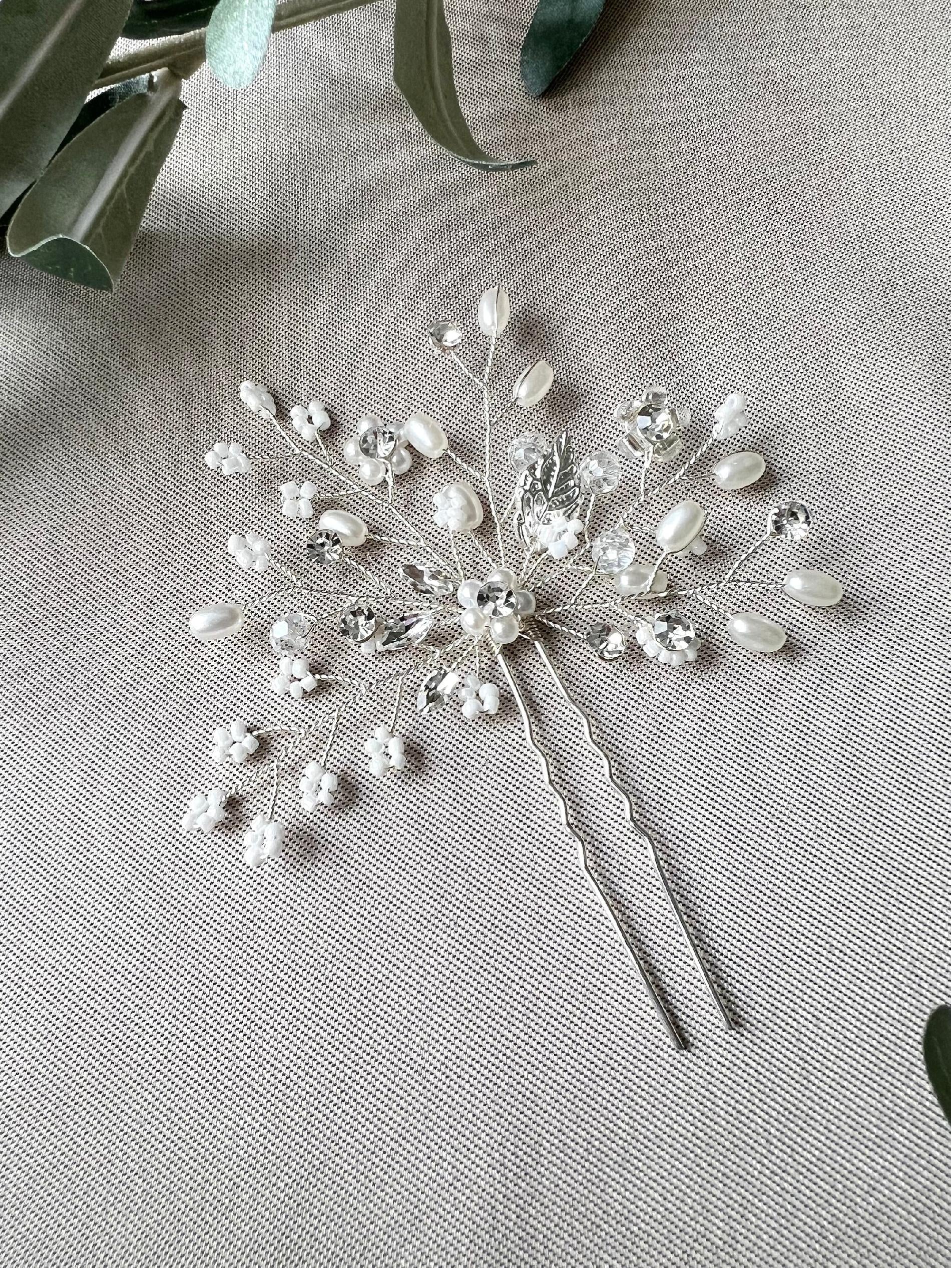 Braut Haarschmuck, Haarkamm Silber, Perlen und Strass, Haarnadel, Hochzeit, Vintage, hochwertiger-Brauthaarschmuck-Schmuckblüte