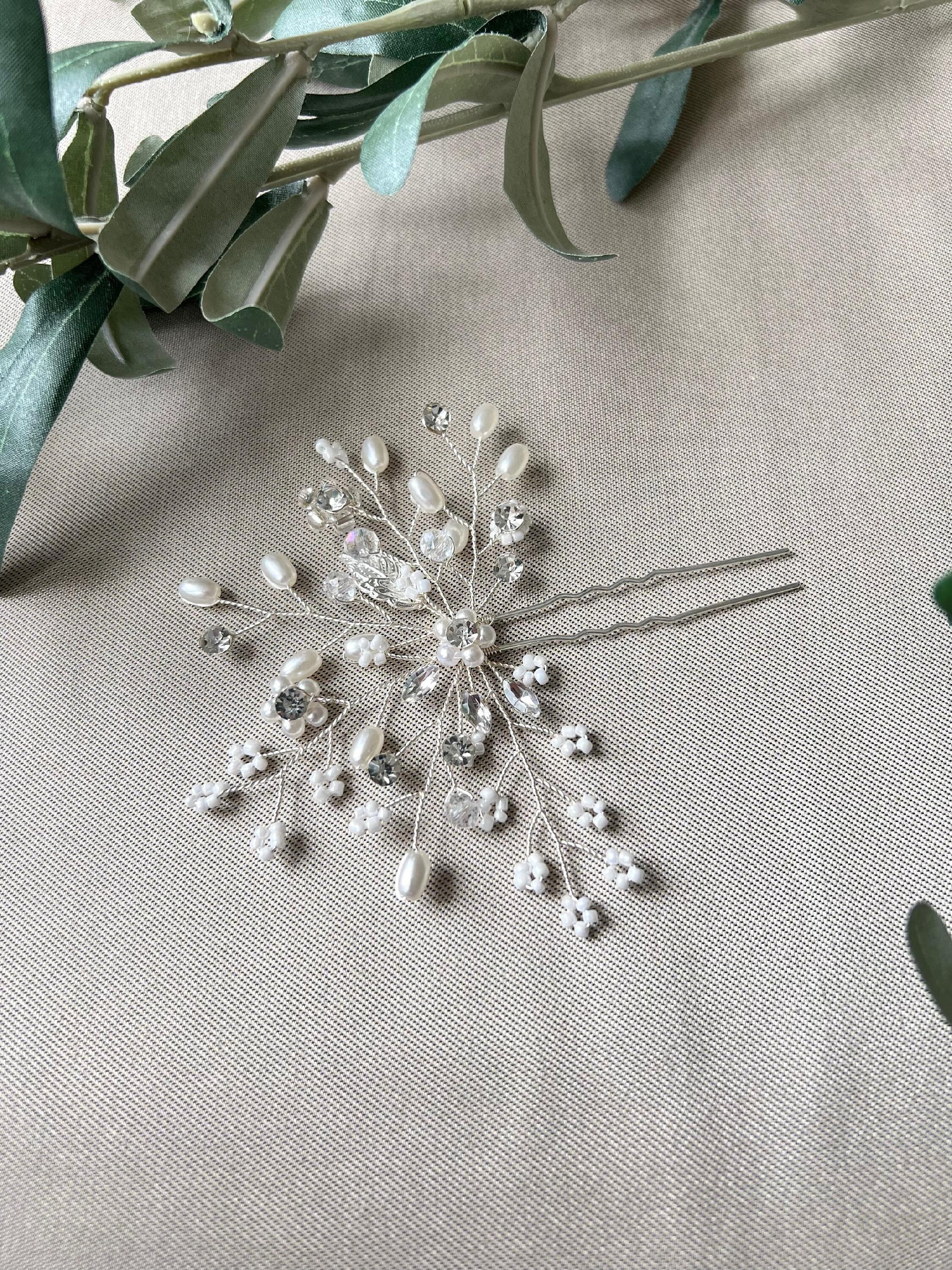 Braut Haarschmuck, Haarkamm Silber, Perlen und Strass, Haarnadel, Hochzeit, Vintage, hochwertiger-Brauthaarschmuck-Schmuckblüte