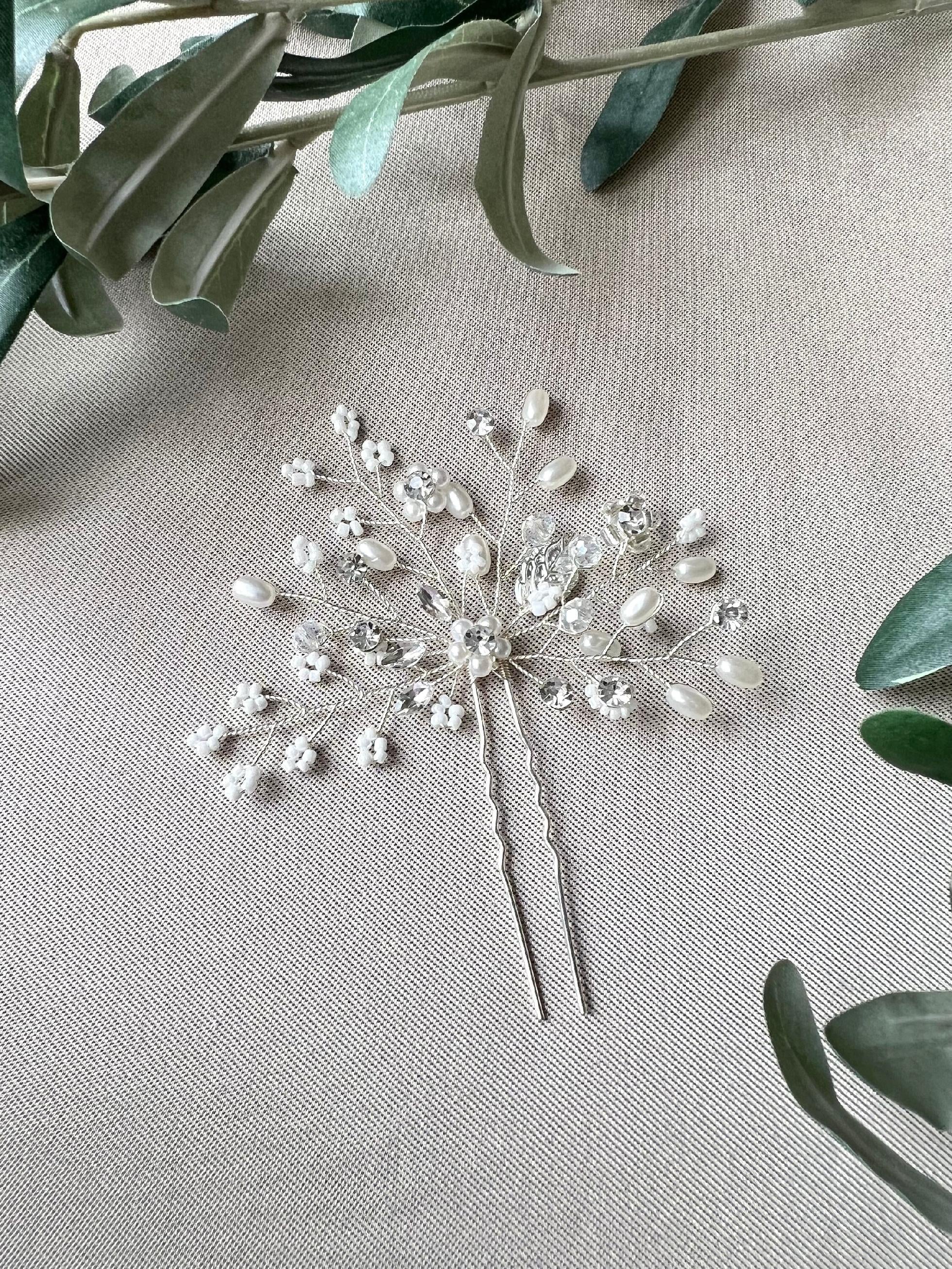 Braut Haarschmuck, Haarkamm Silber, Perlen und Strass, Haarnadel, Hochzeit, Vintage, hochwertiger-Brauthaarschmuck-Schmuckblüte