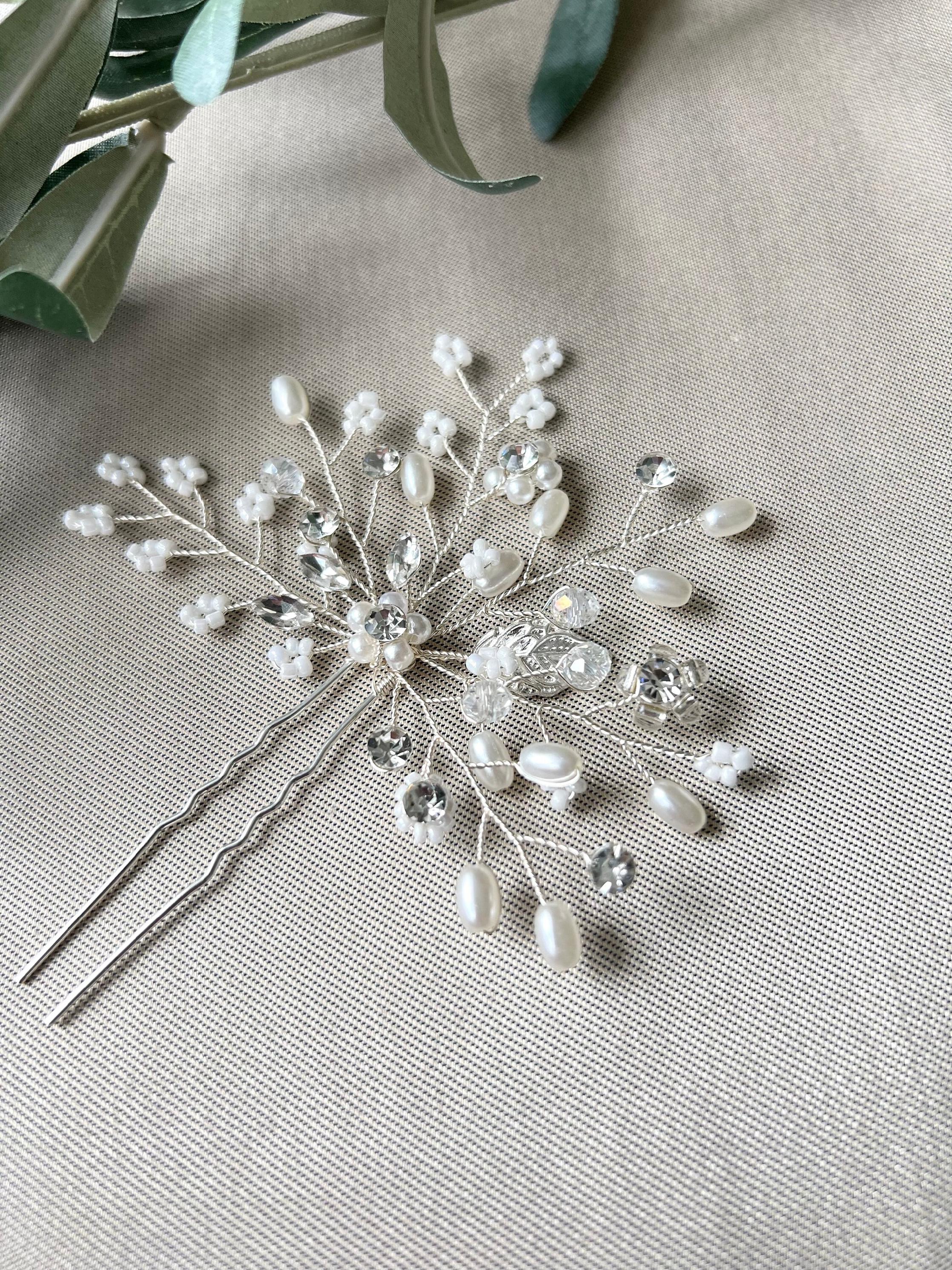 Braut Haarschmuck, Haarkamm Silber, Perlen und Strass, Haarnadel, Hochzeit, Vintage, hochwertiger-Brauthaarschmuck-Schmuckblüte