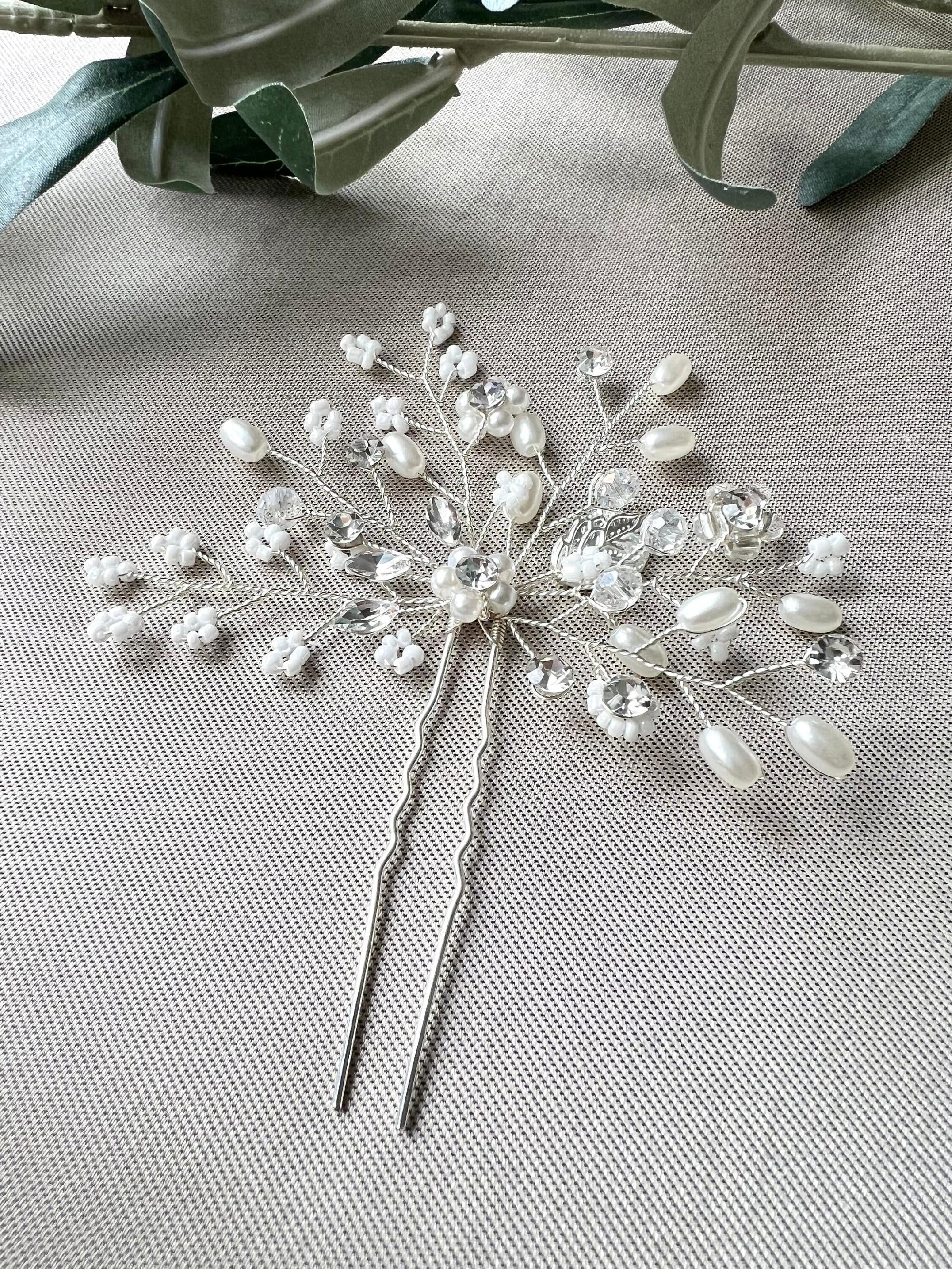 Braut Haarschmuck, Haarkamm Silber, Perlen und Strass, Haarnadel, Hochzeit, Vintage, hochwertiger-Brauthaarschmuck-Schmuckblüte