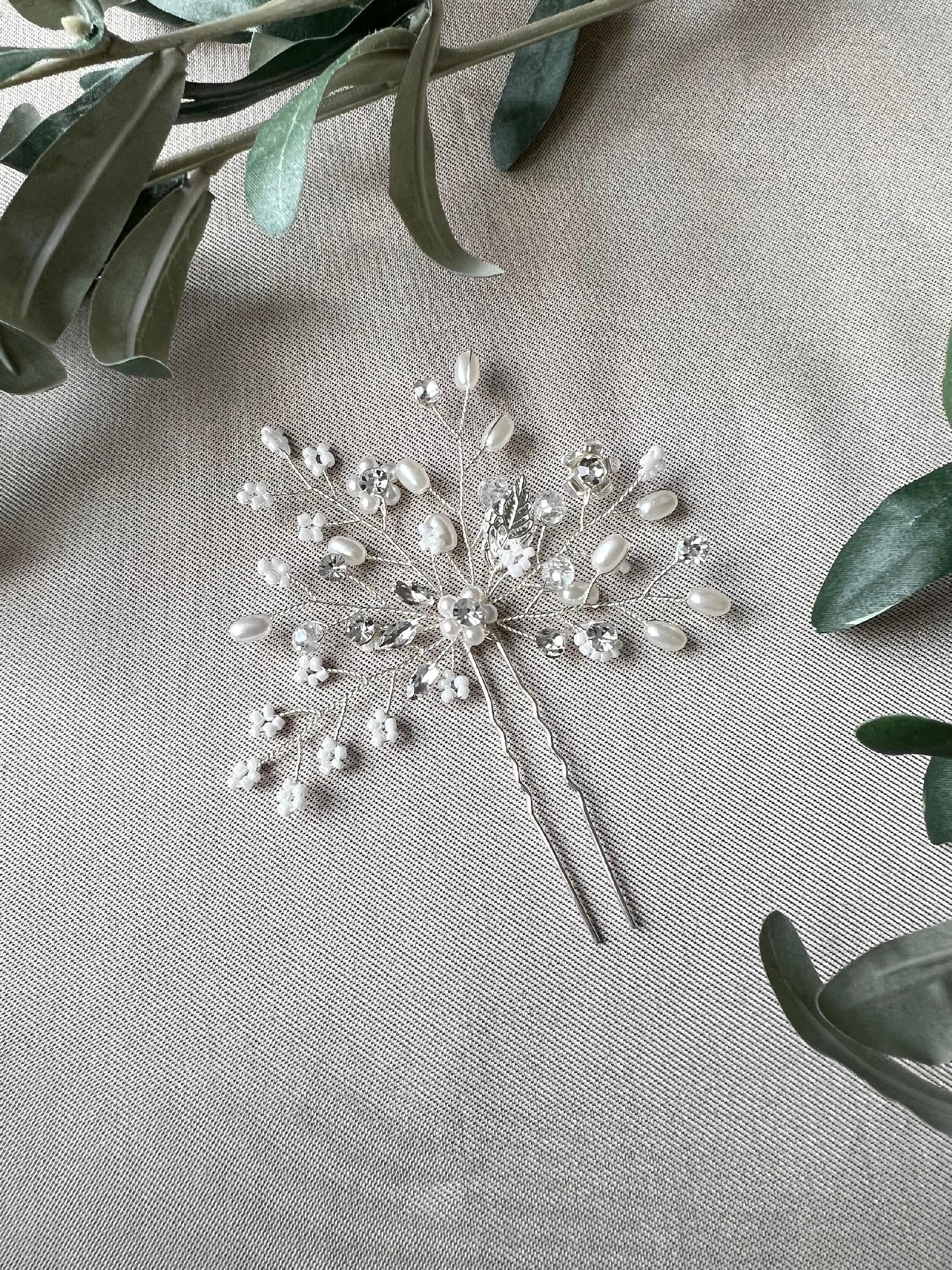 Braut Haarschmuck, Haarkamm Silber, Perlen und Strass, Haarnadel, Hochzeit, Vintage, hochwertiger-Brauthaarschmuck-Schmuckblüte