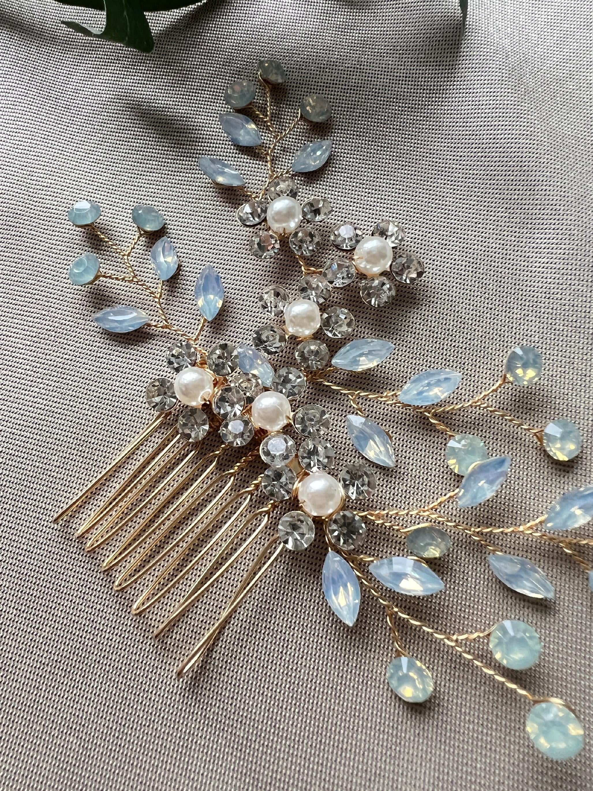 Braut Haarschmuck Haarkamm mit Perlen rotgold durchsichtig bläuliche Strasssteine und Blumen Vintage Hochzeit-Brauthaarschmuck-Schmuckblüte