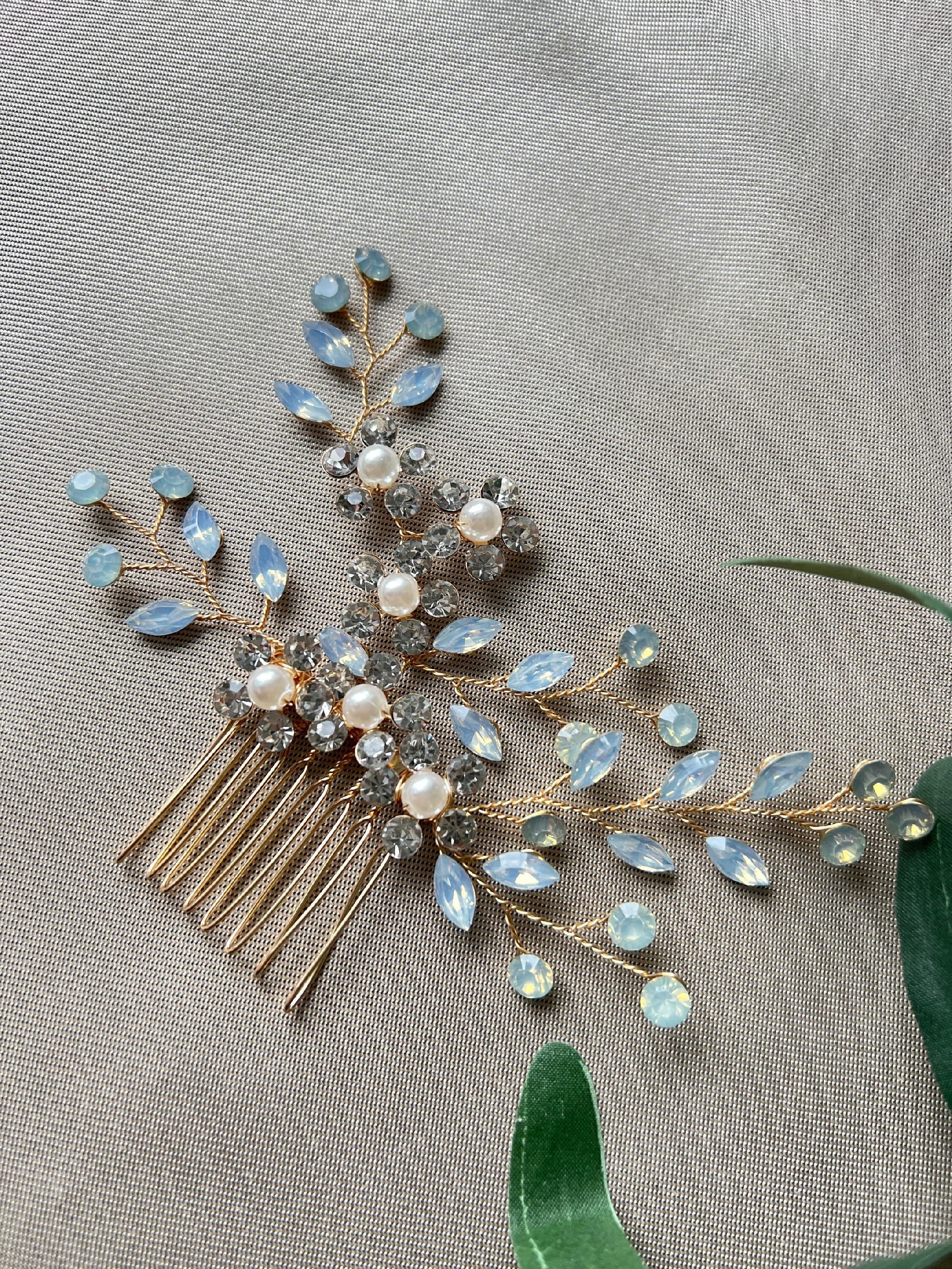 Braut Haarschmuck Haarkamm mit Perlen rotgold durchsichtig bläuliche Strasssteine und Blumen Vintage Hochzeit-Brauthaarschmuck-Schmuckblüte