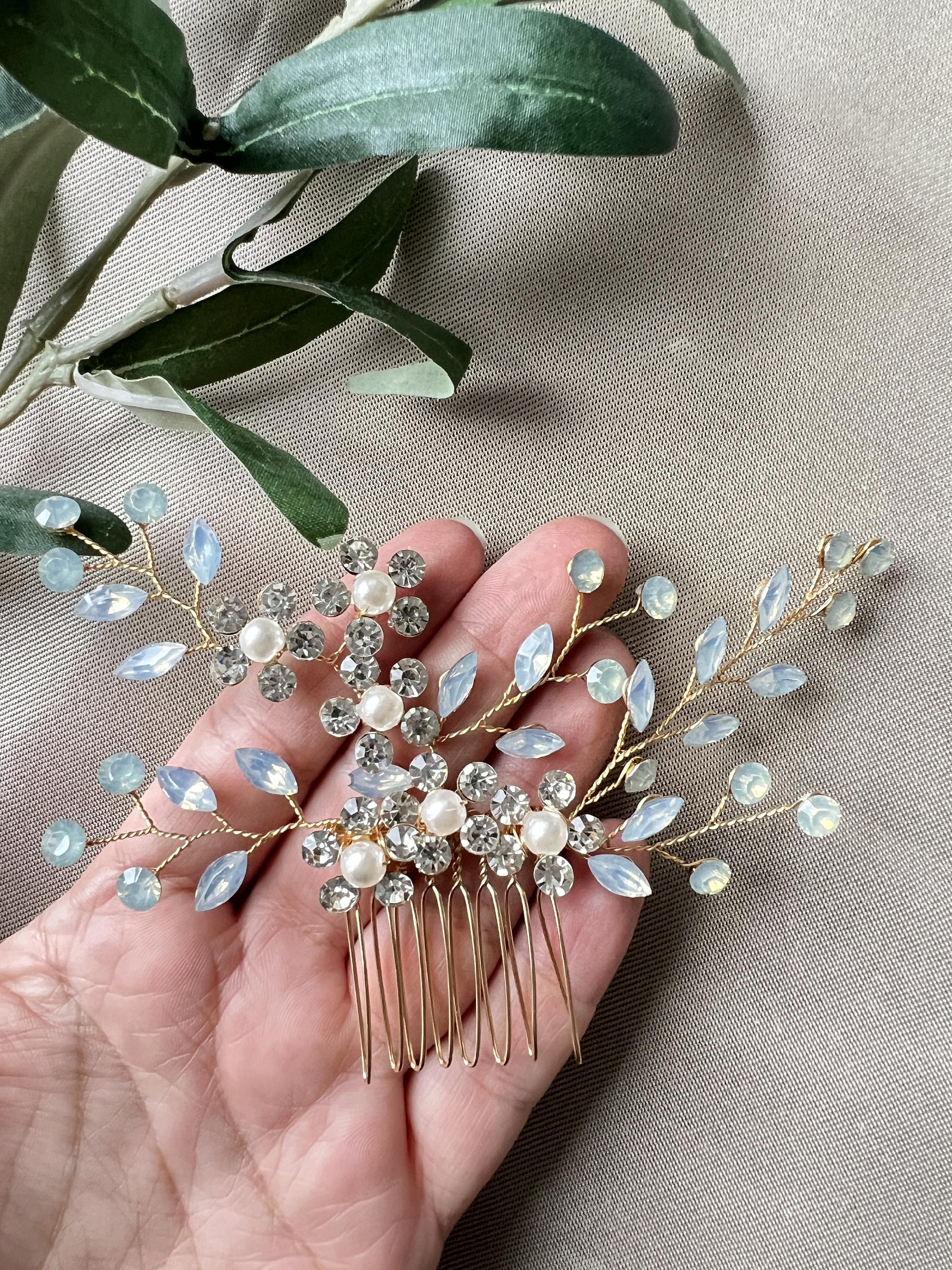 Braut Haarschmuck Haarkamm mit Perlen rotgold durchsichtig bläuliche Strasssteine und Blumen Vintage Hochzeit-Brauthaarschmuck-Schmuckblüte