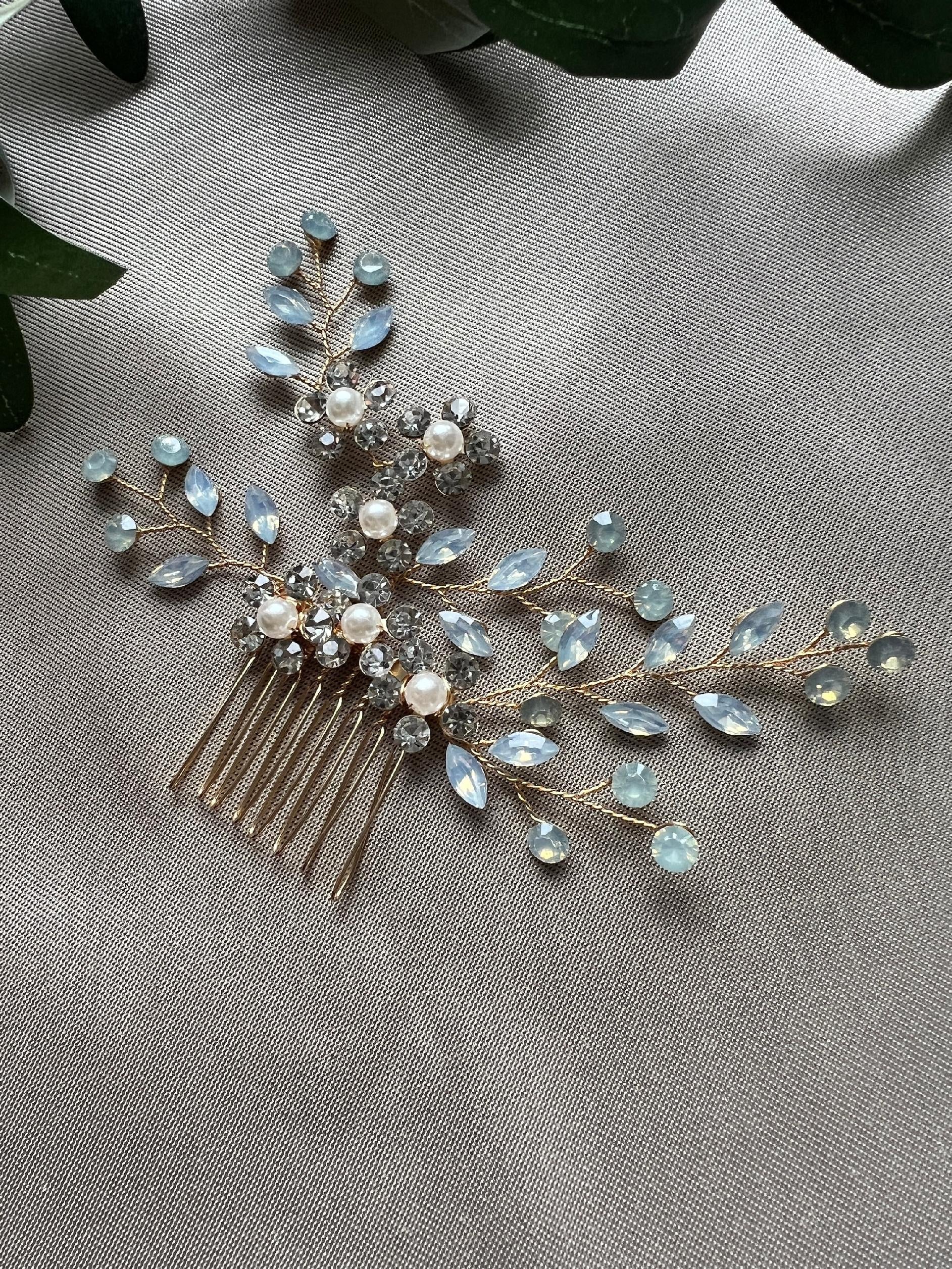 Braut Haarschmuck Haarkamm mit Perlen rotgold durchsichtig bläuliche Strasssteine und Blumen Vintage Hochzeit-Brauthaarschmuck-Schmuckblüte