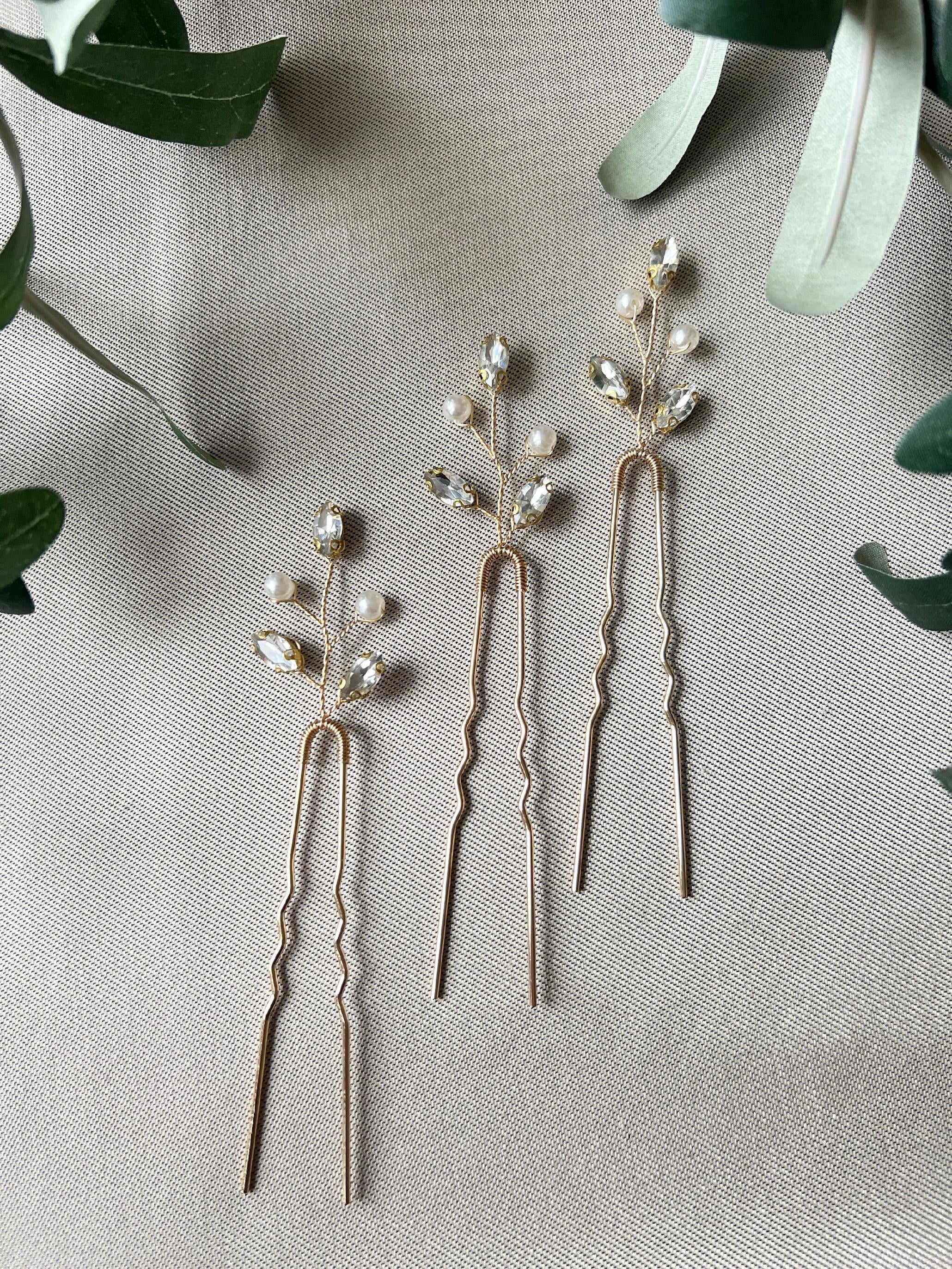 Braut Haarschmuck, Haarspange, Gold oder Silber, Strass, weiße Perlen, Hochzeit - Set 3 Stück Gold-Brauthaarschmuck-Schmuckblüte