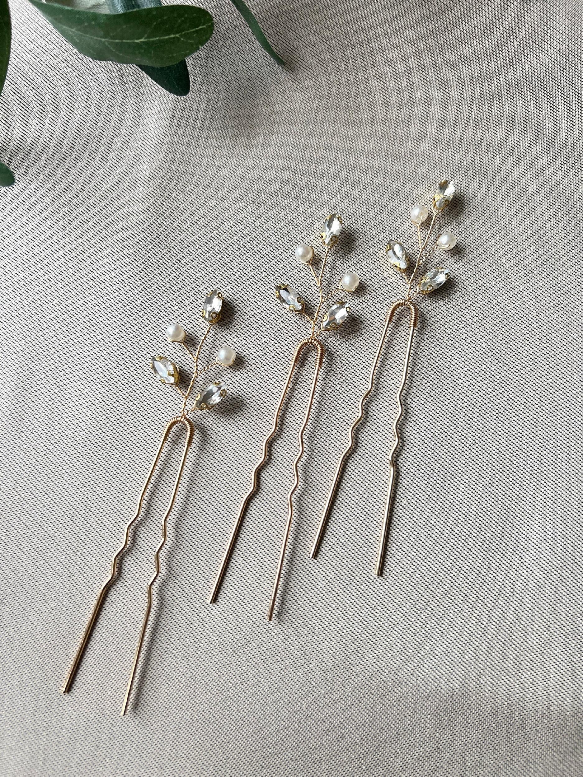 Braut Haarschmuck, Haarspange, Gold oder Silber, Strass, weiße Perlen, - Set 3 Stück Silber-Brauthaarschmuck-Schmuckblüte