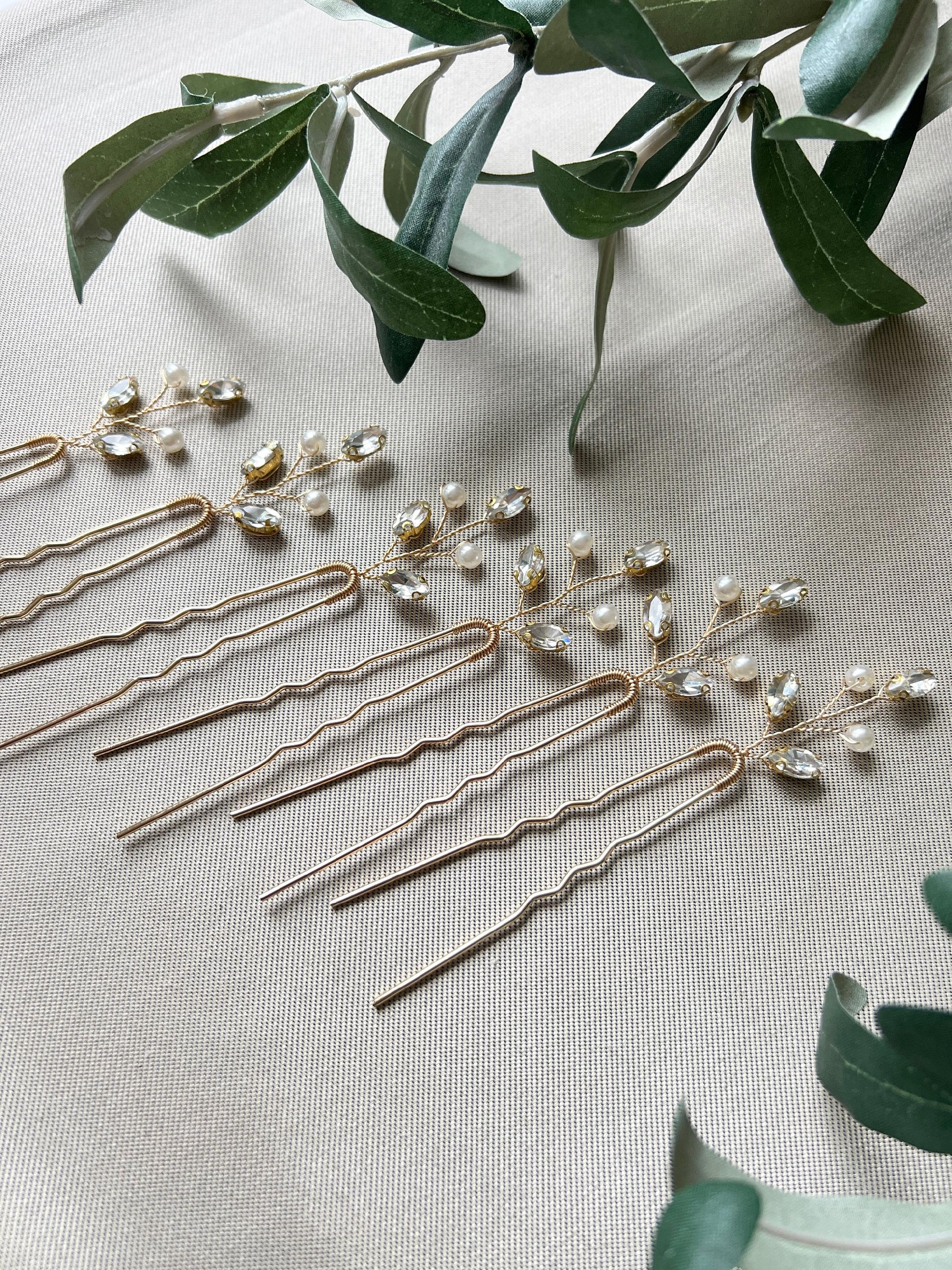 Braut Haarschmuck, Haarspange, Gold oder Silber, Strass, weiße Perlen, - Set 6 Stück Silber-Brauthaarschmuck-Schmuckblüte