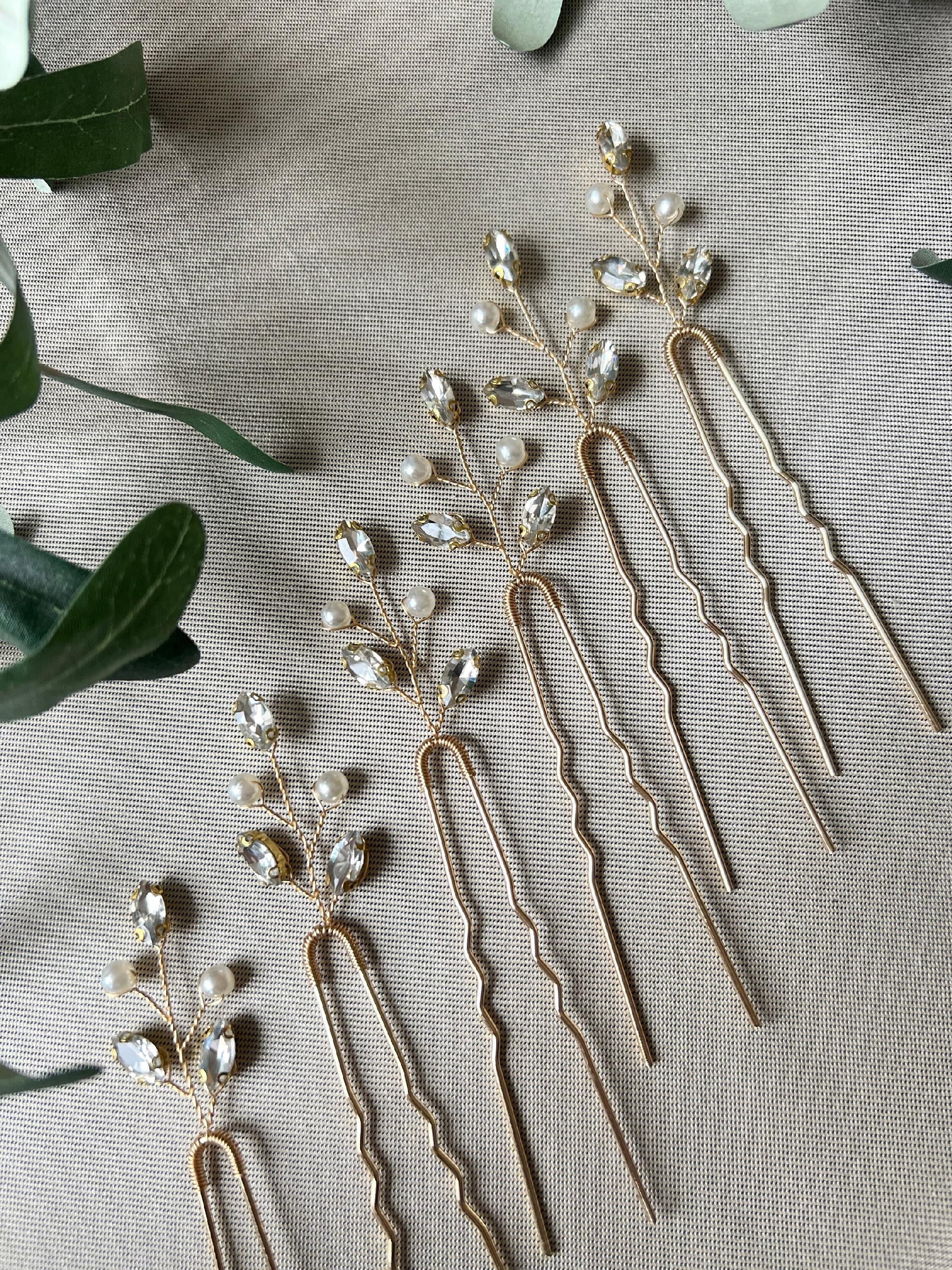 Braut Haarschmuck, Haarspange, Gold oder Silber, Strass, weiße Perlen, - Set 6 Stück Silber-Brauthaarschmuck-Schmuckblüte