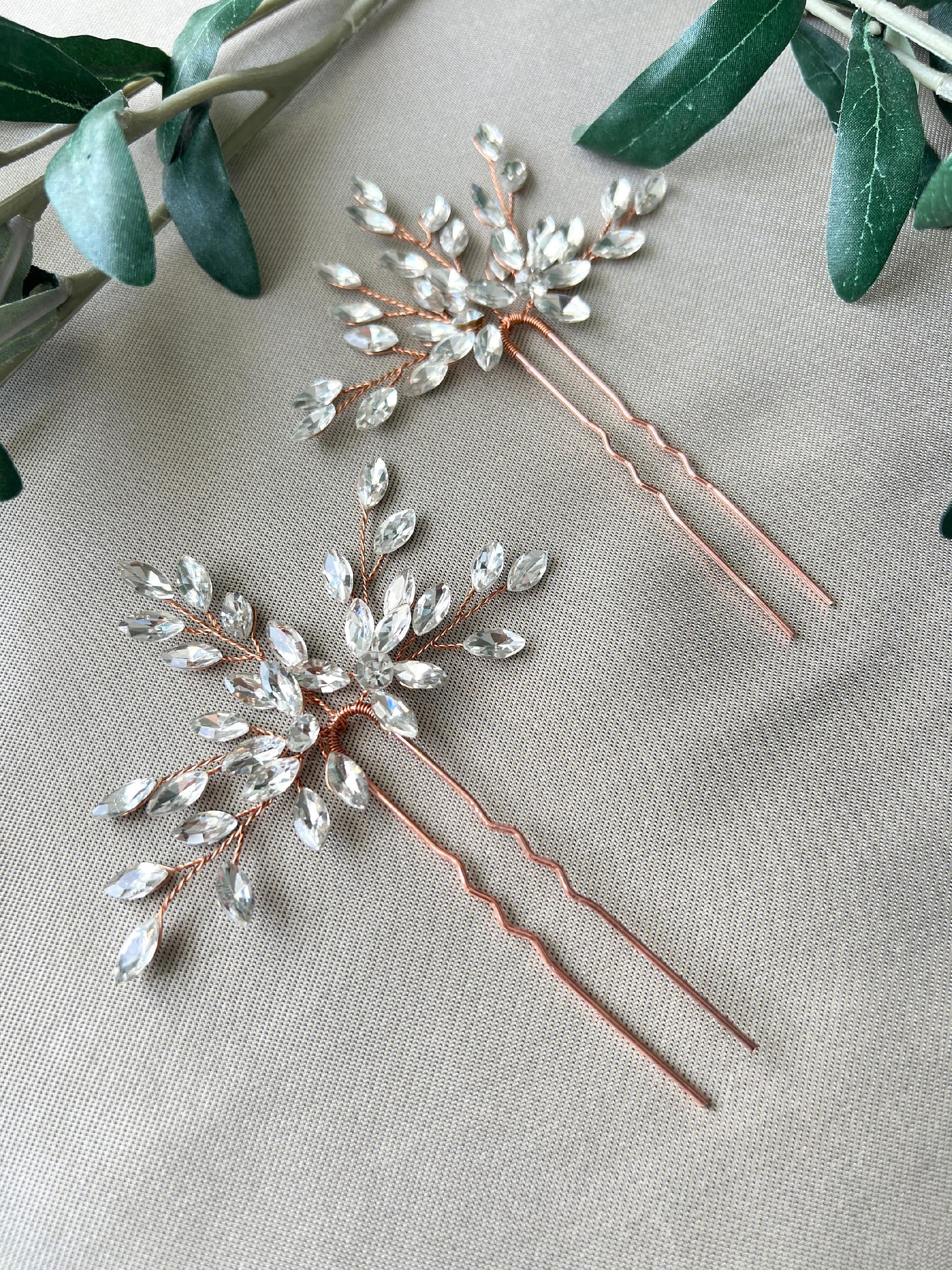 Braut Haarschmuck, Haarspange Roségold, Strass, Hochzeit Braut Schmuck, hochwertiger Brauthaarschmuck, Schiebeklammer, Haarkamm - Einzeln-Brauthaarschmuck-Schmuckblüte