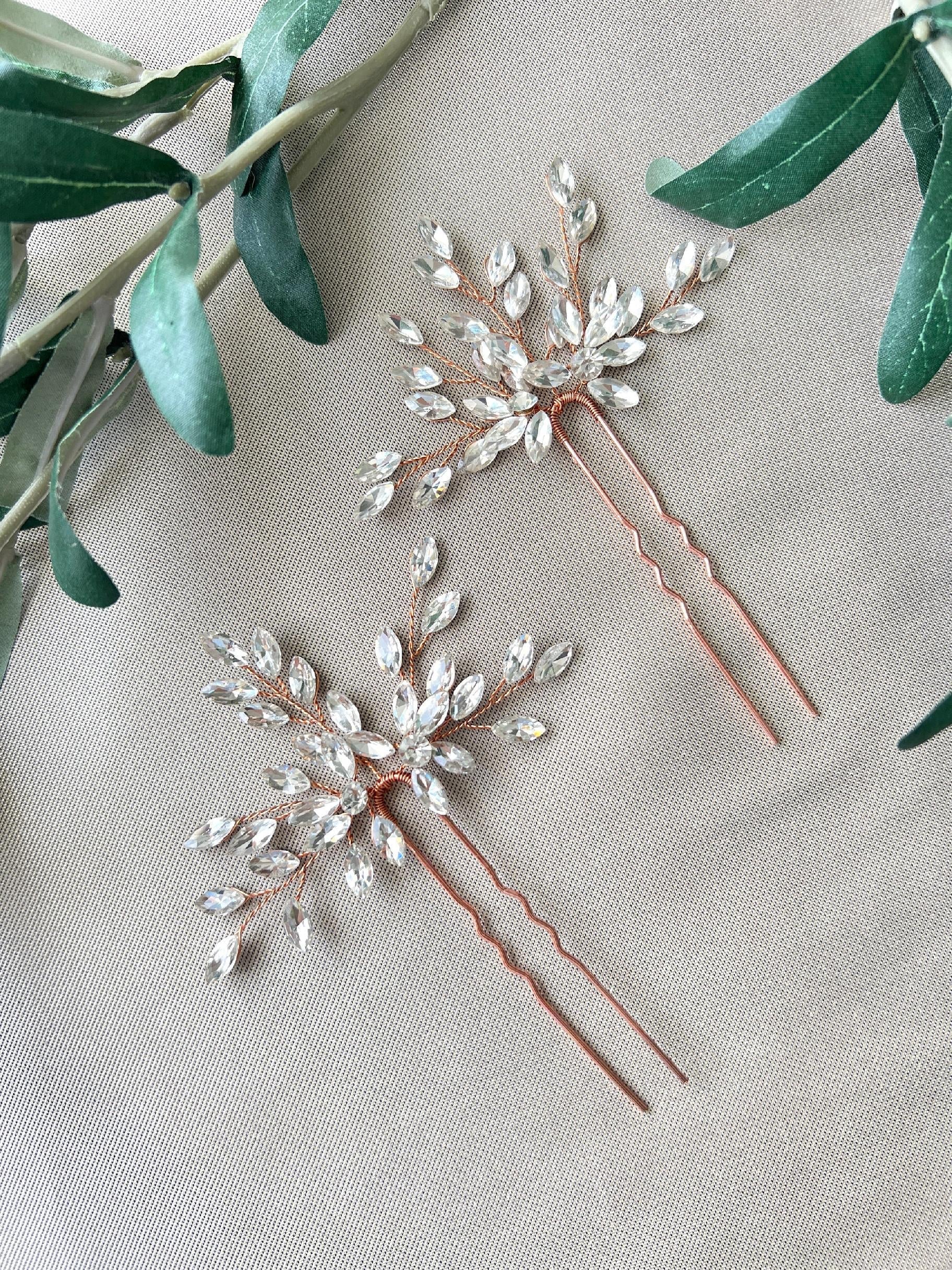 Braut Haarschmuck, Haarspange Roségold, Strass, Hochzeit Braut Schmuck, hochwertiger Brauthaarschmuck, Schiebeklammer, Haarkamm - Einzeln-Brauthaarschmuck-Schmuckblüte