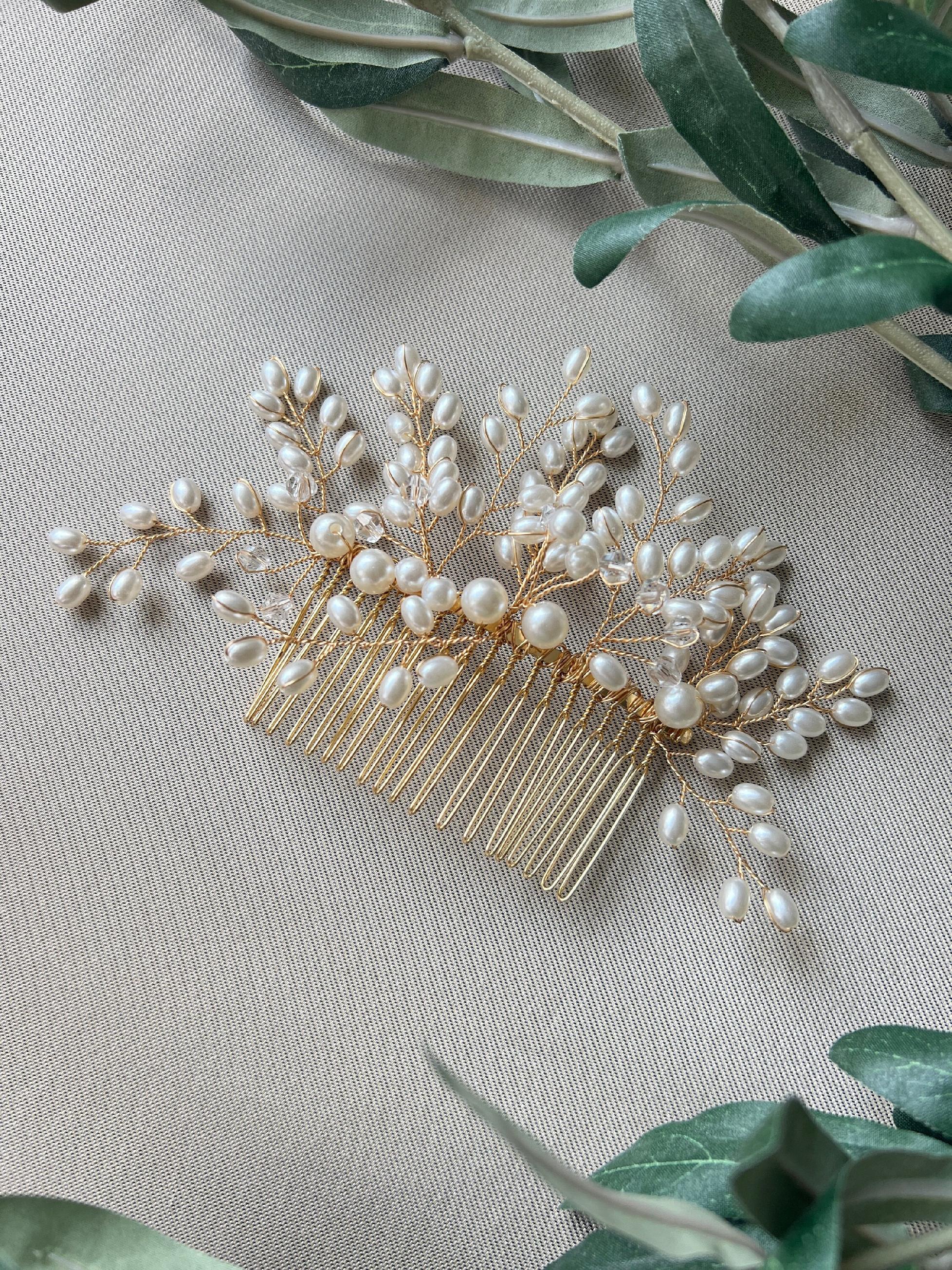 Braut Haarschmuck, Perlen Haarkamm, gold, Hochzeit, hochwertiger Brauthaarschmuck, Brautfrisur, Kopfschmuck-Brauthaarschmuck-Schmuckblüte