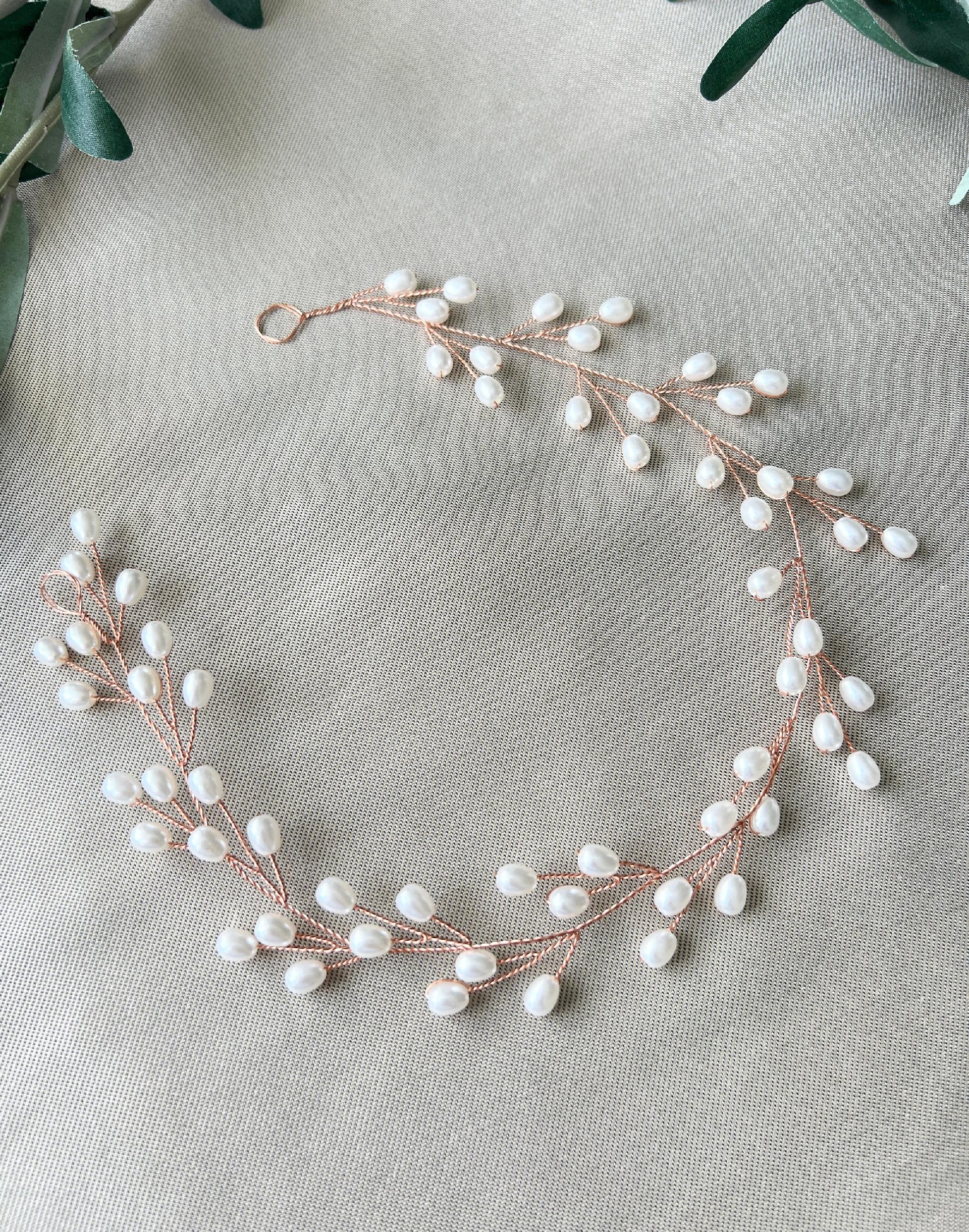 Braut Haarschmuck, Roségold mit Perlen, Hochzeit, Brautschmuck, Hochzeitshaarband, Haarkranz, Haarranke-Brauthaarschmuck-Schmuckblüte