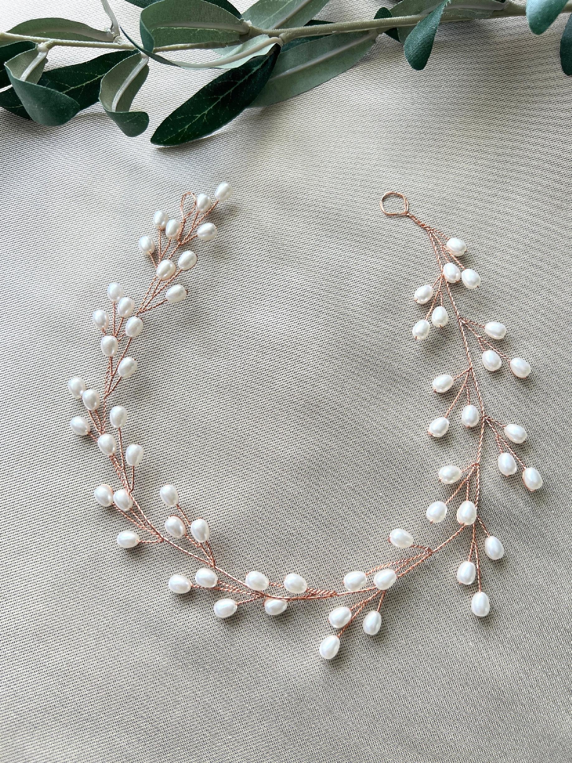 Braut Haarschmuck, Roségold mit Perlen, Hochzeit, Brautschmuck, Hochzeitshaarband, Haarkranz, Haarranke-Brauthaarschmuck-Schmuckblüte