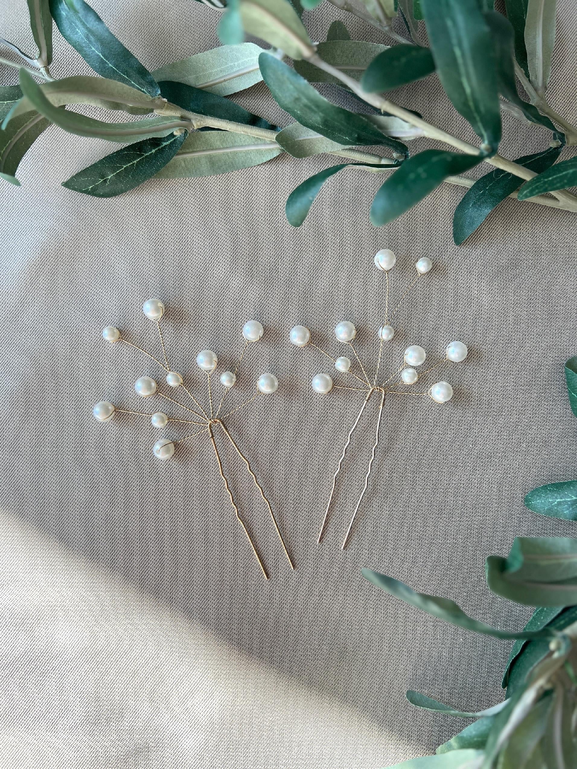 Braut Haarschmuck Set 2 Stück Haarspange Gold mit weißen Perlen Haarklammer Haarnadeln Brautschmuck Hochzeitsschmuck Brautjungfer Hochzeit-Brauthaarschmuck-Schmuckblüte