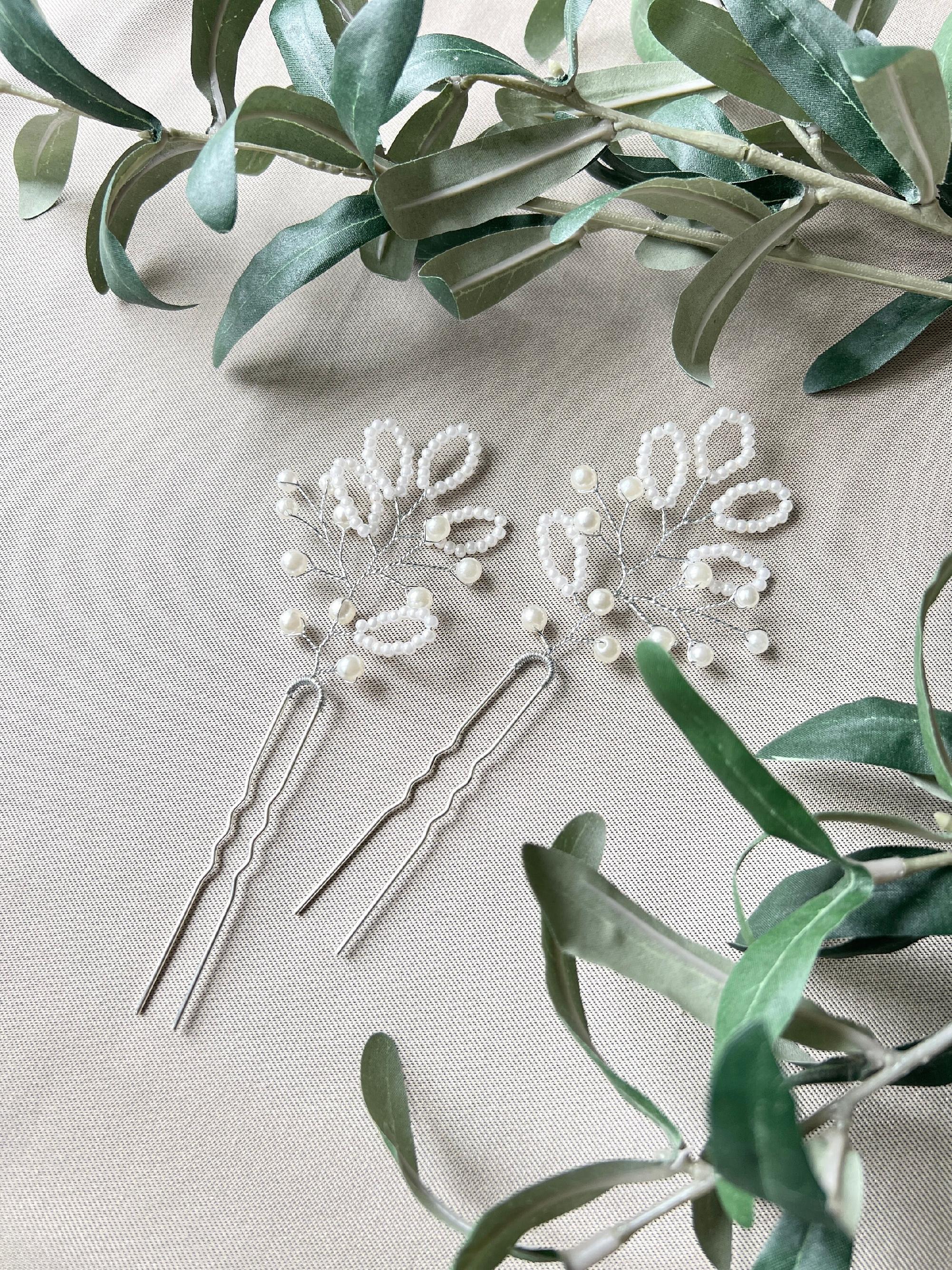 Braut Haarschmuck Set 2 Stück Haarspange Silber mit weißen Perlen Haarnadeln Brautschmuck-Brauthaarschmuck-Schmuckblüte