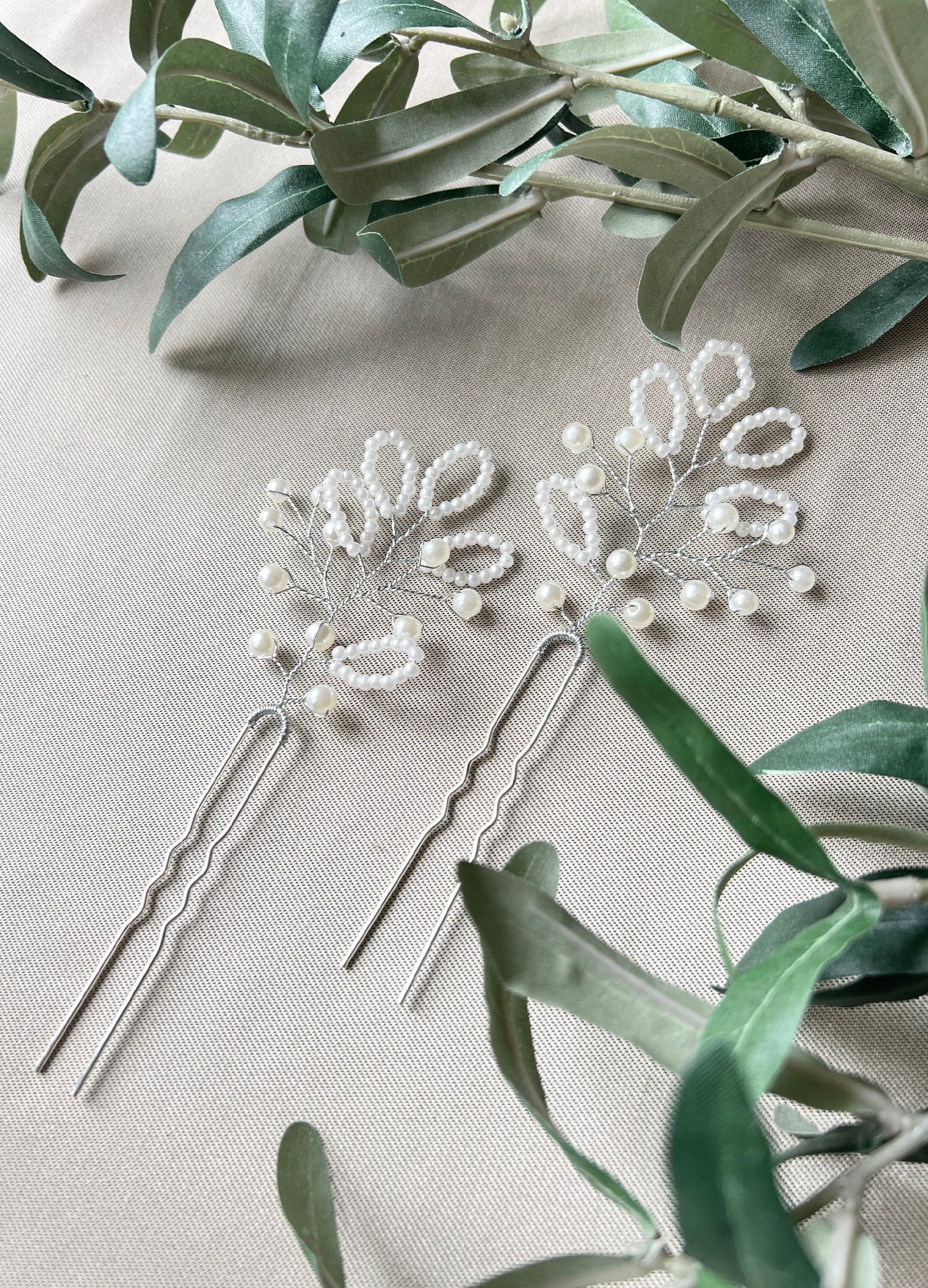 Braut Haarschmuck Set 2 Stück Haarspange Silber mit weißen Perlen Haarnadeln Brautschmuck-Brauthaarschmuck-Schmuckblüte