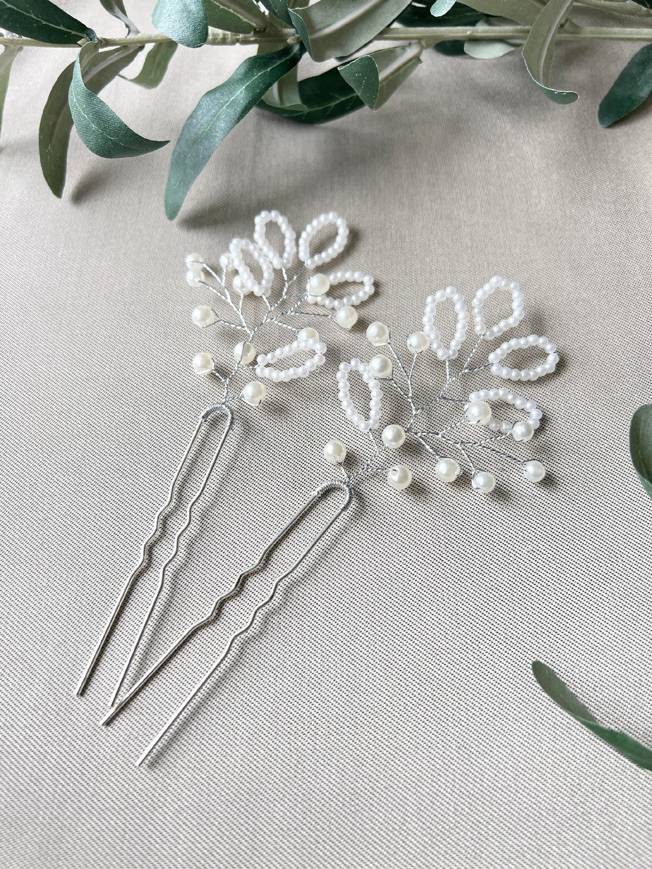 Braut Haarschmuck Set 2 Stück Haarspange Silber mit weißen Perlen Haarnadeln Brautschmuck-Brauthaarschmuck-Schmuckblüte