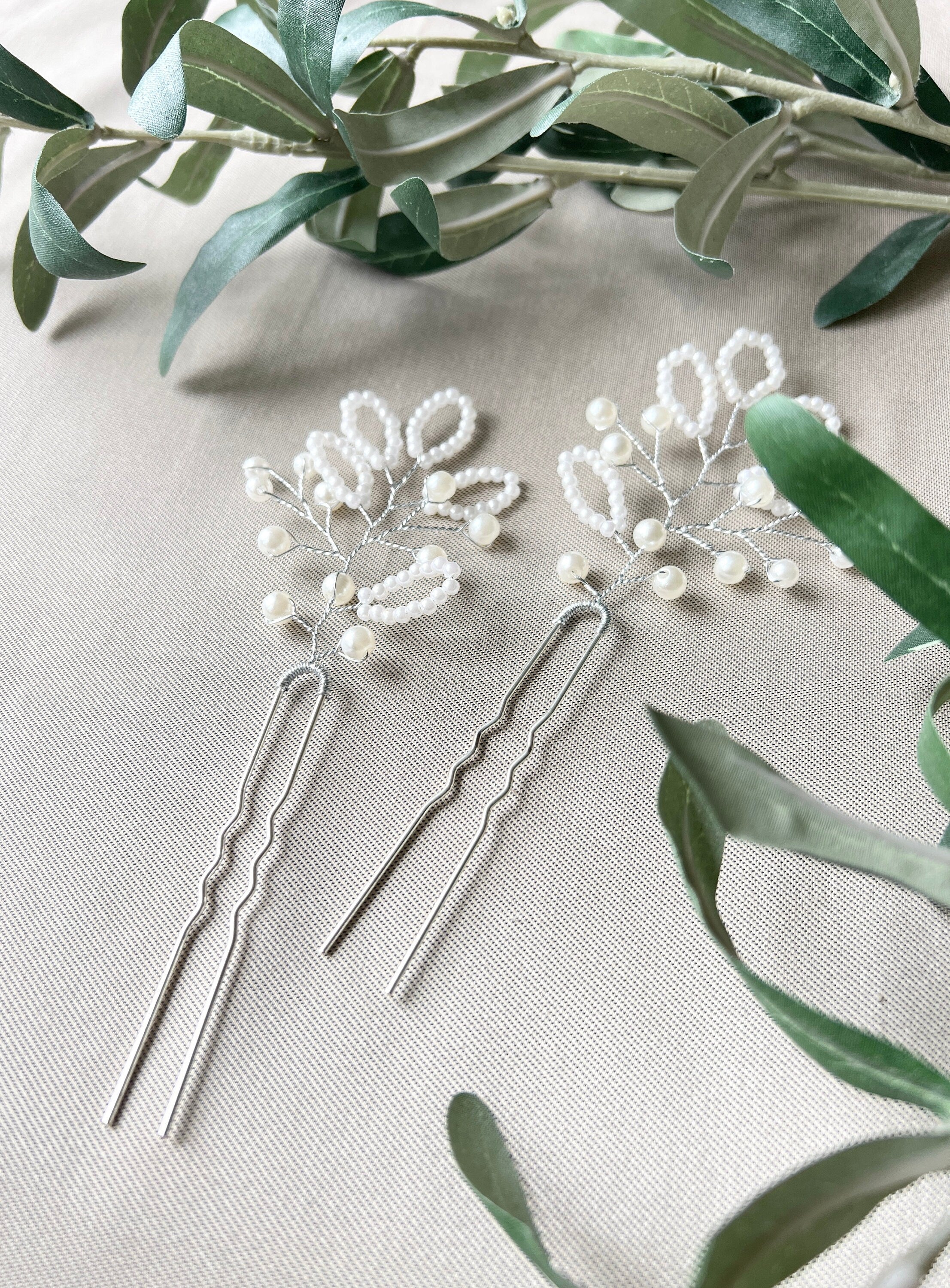 Braut Haarschmuck Set 2 Stück Haarspange Silber mit weißen Perlen Haarnadeln Brautschmuck-Brauthaarschmuck-Schmuckblüte