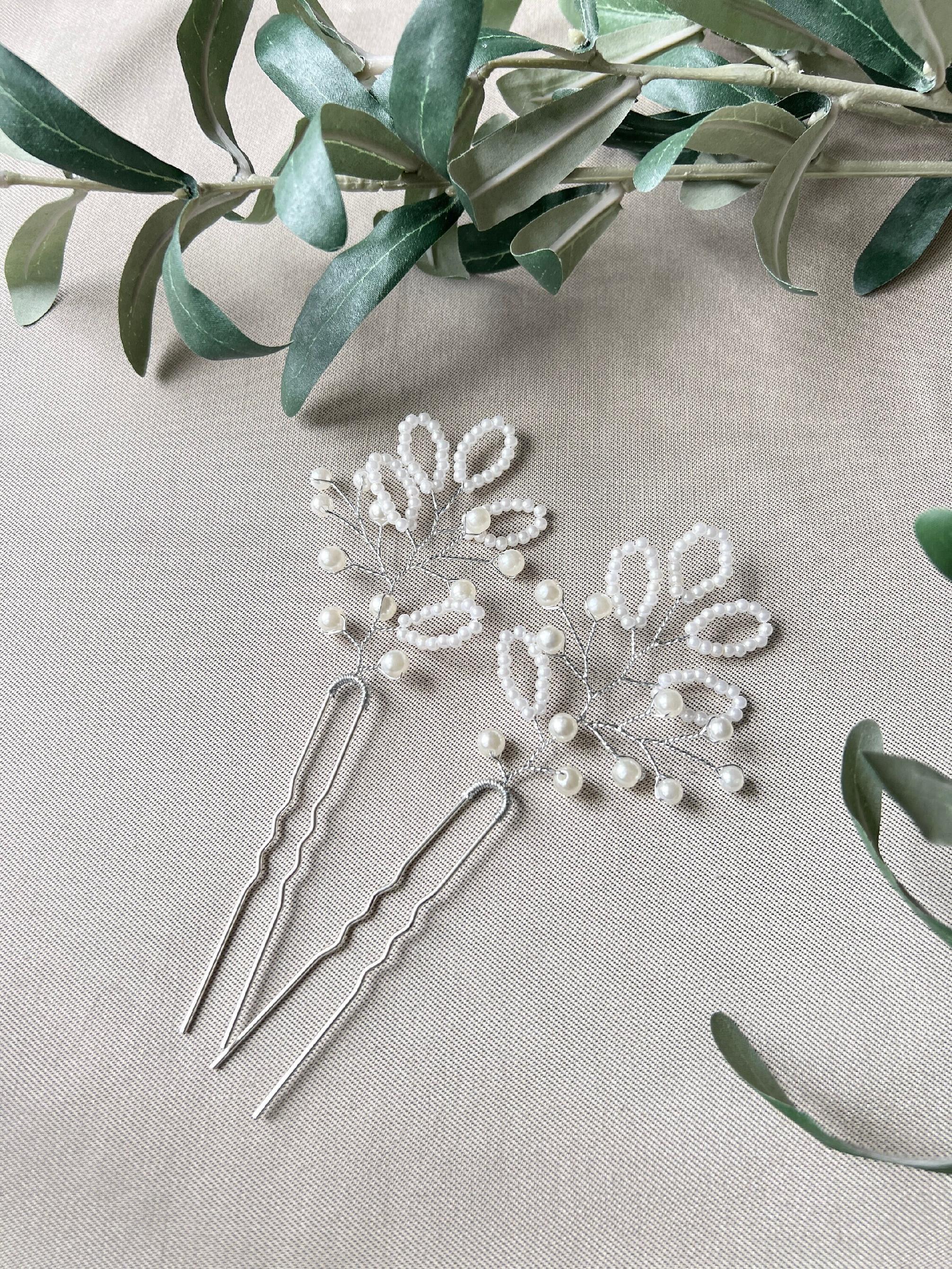 Braut Haarschmuck Set 2 Stück Haarspange Silber mit weißen Perlen Haarnadeln Brautschmuck-Brauthaarschmuck-Schmuckblüte