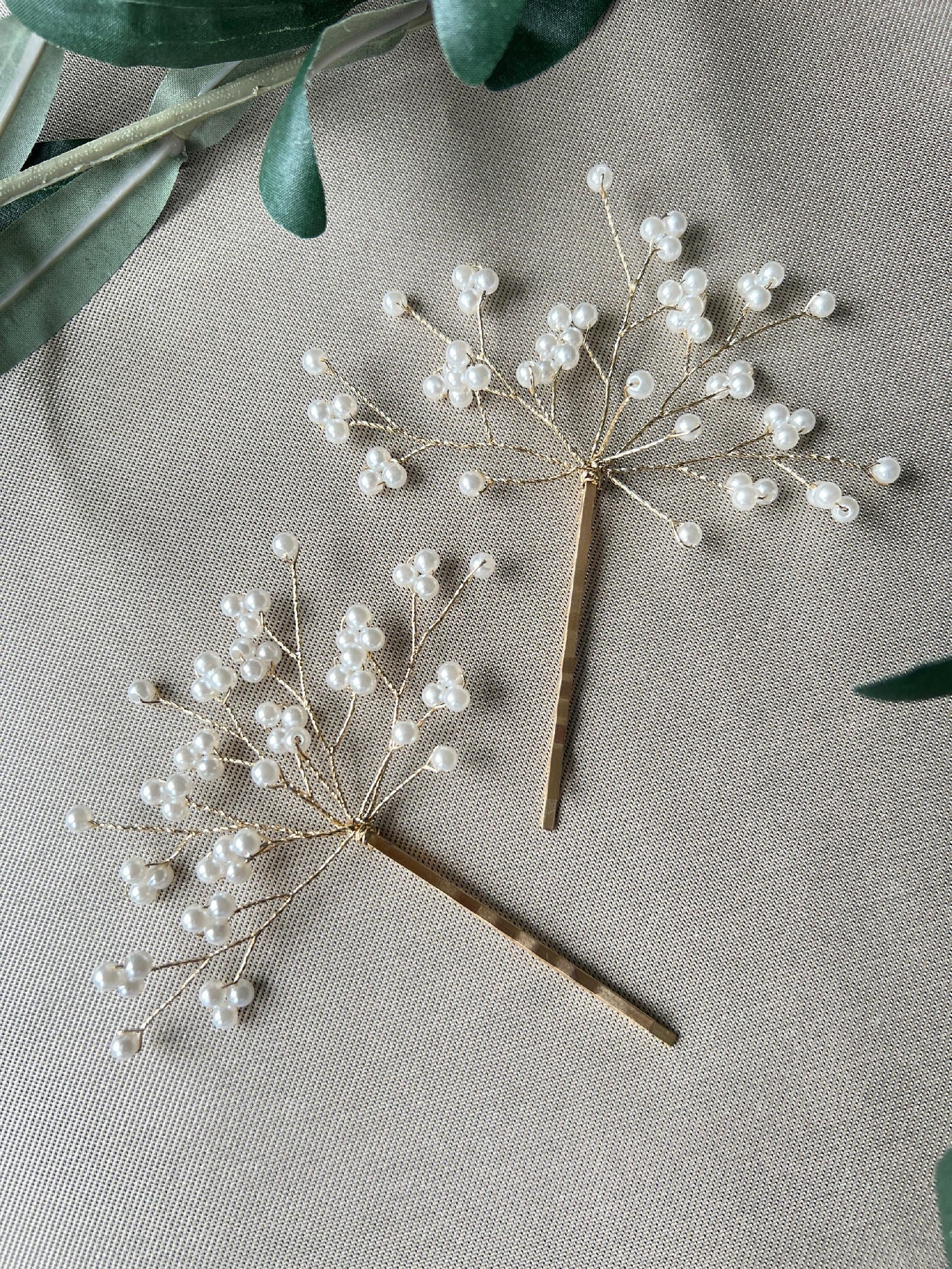 Braut Haarschmuck Set 2 Stück Haarspange mit weißen Perlen Haarklammer Brautschmuck Hochzeitsschmuck Brautfrisur Brautjungfer Hochzeit-Brauthaarschmuck-Schmuckblüte