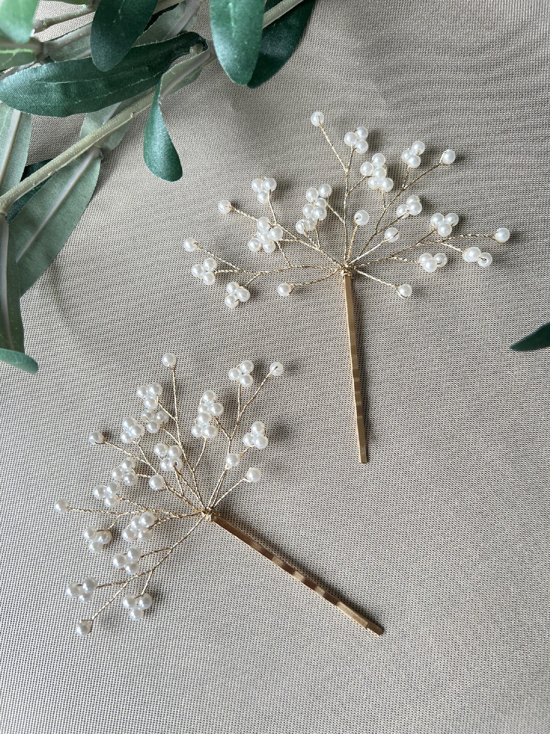 Braut Haarschmuck Set 2 Stück Haarspange mit weißen Perlen Haarklammer Brautschmuck - Silber-Brauthaarschmuck-Schmuckblüte