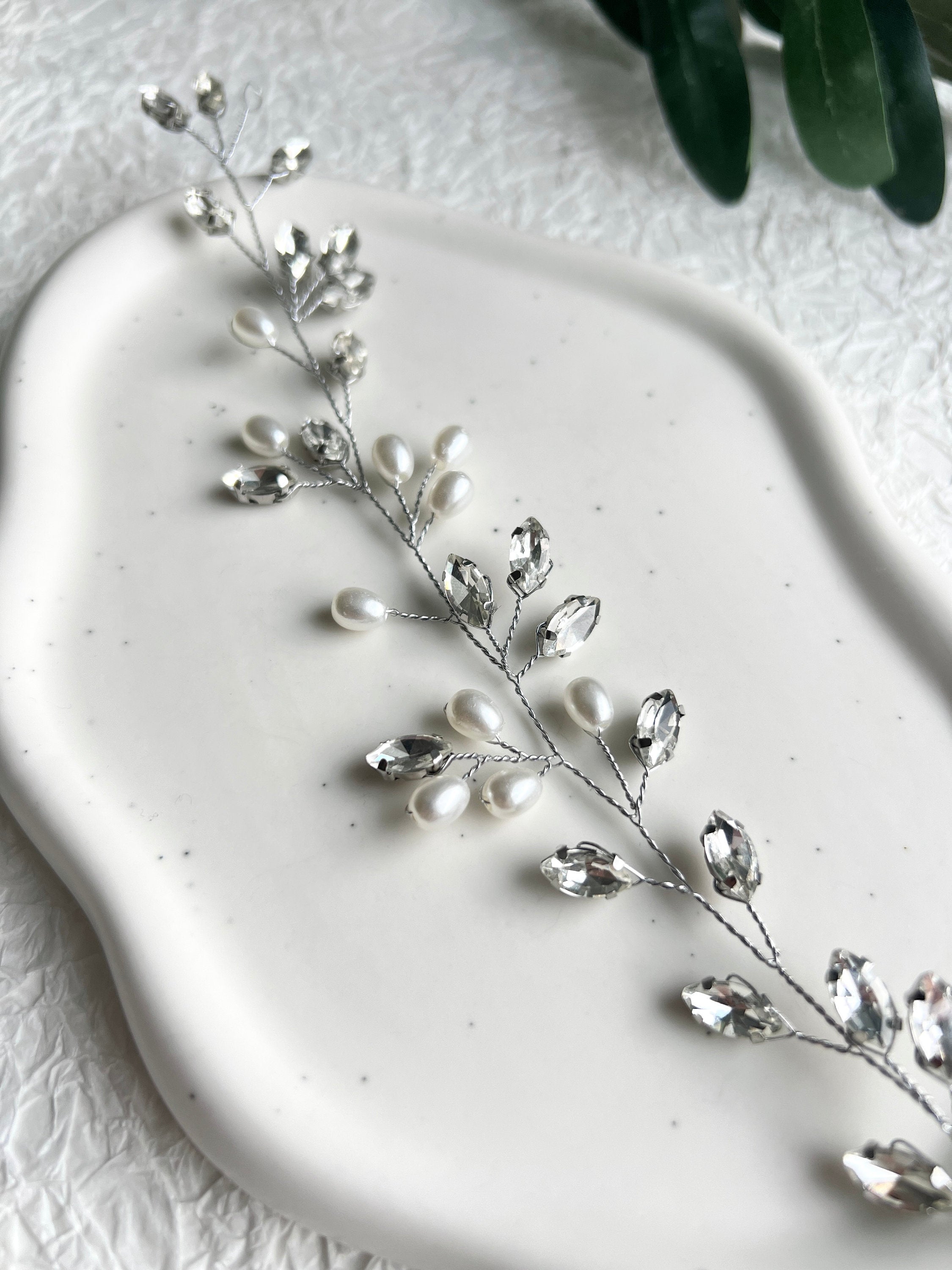 Braut Haarschmuck, Silber Haarrebe mit Perlen, Strass, Haar Hochzeit, Brautschmuck,-Brauthaarschmuck-Schmuckblüte