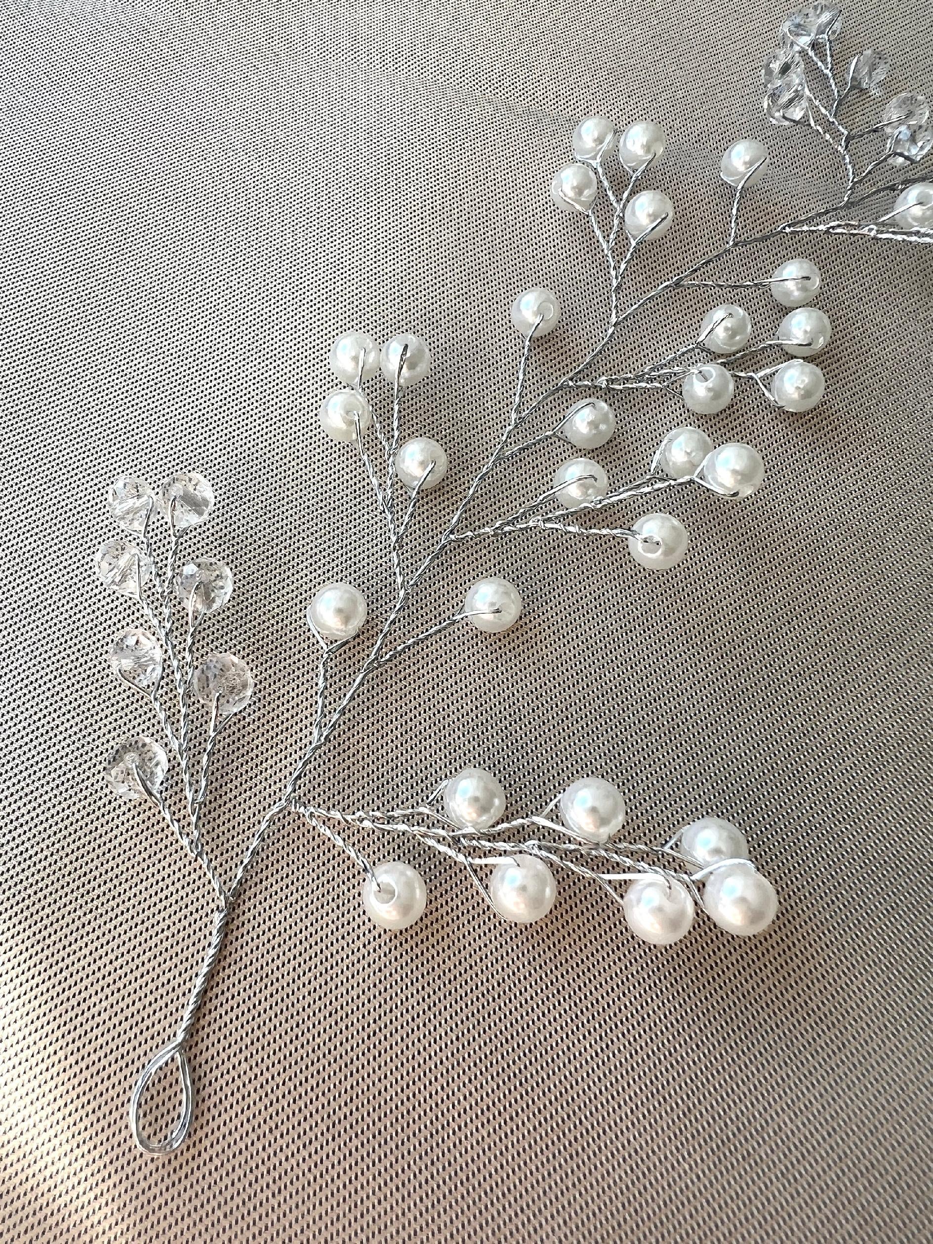 Braut Haarschmuck, Silber mit Perlen, Hochzeit, Brautschmuck, Hochzeitshaarband, Haarkranz, Haarranke-Brauthaarschmuck-Schmuckblüte