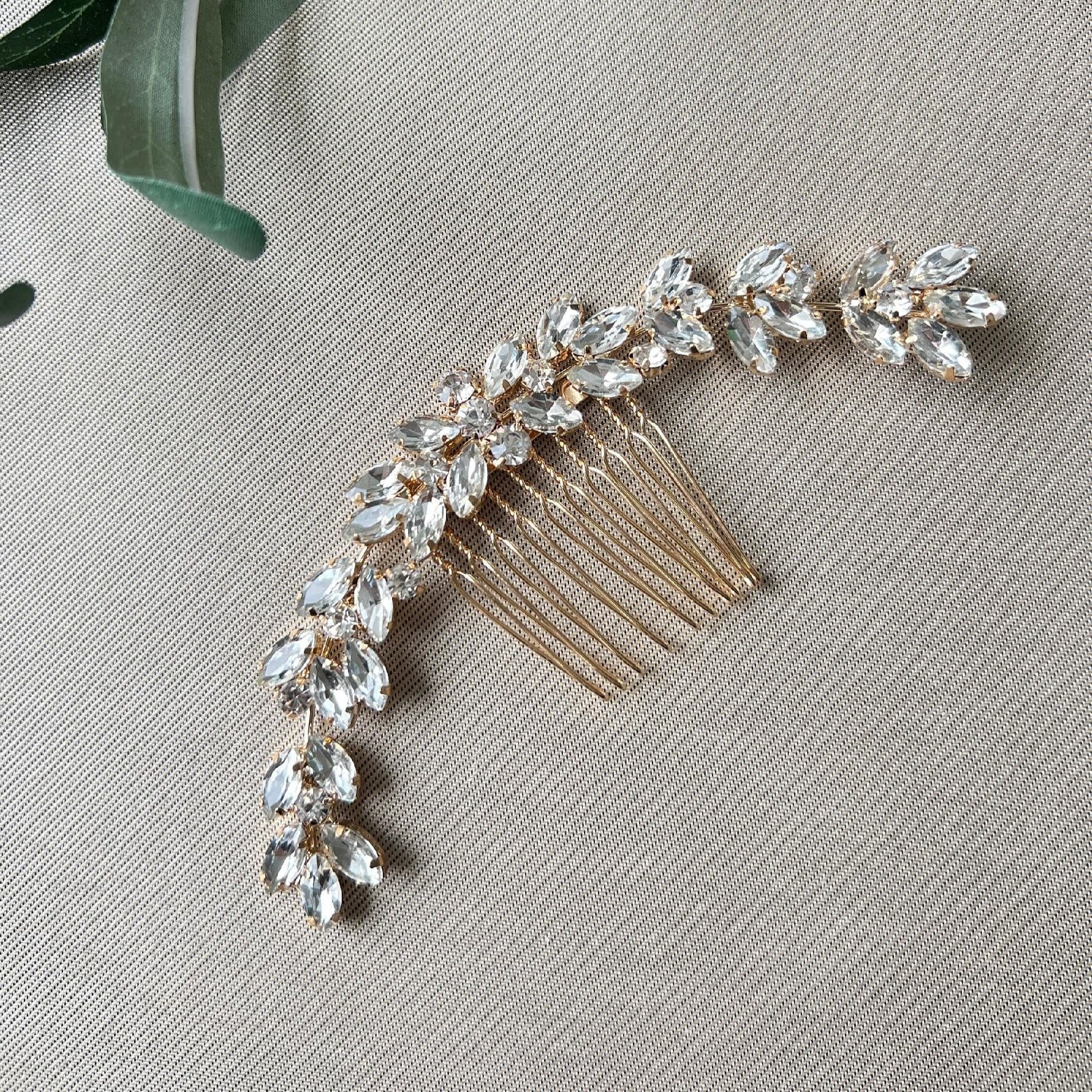 Braut Haarschmuck, glänzende Strasssteine Haarkamm, gold, Hochzeit, hochwertiger Brauthaarschmuck, Brautfrisur, Kopfschmuck-Brauthaarschmuck-Schmuckblüte