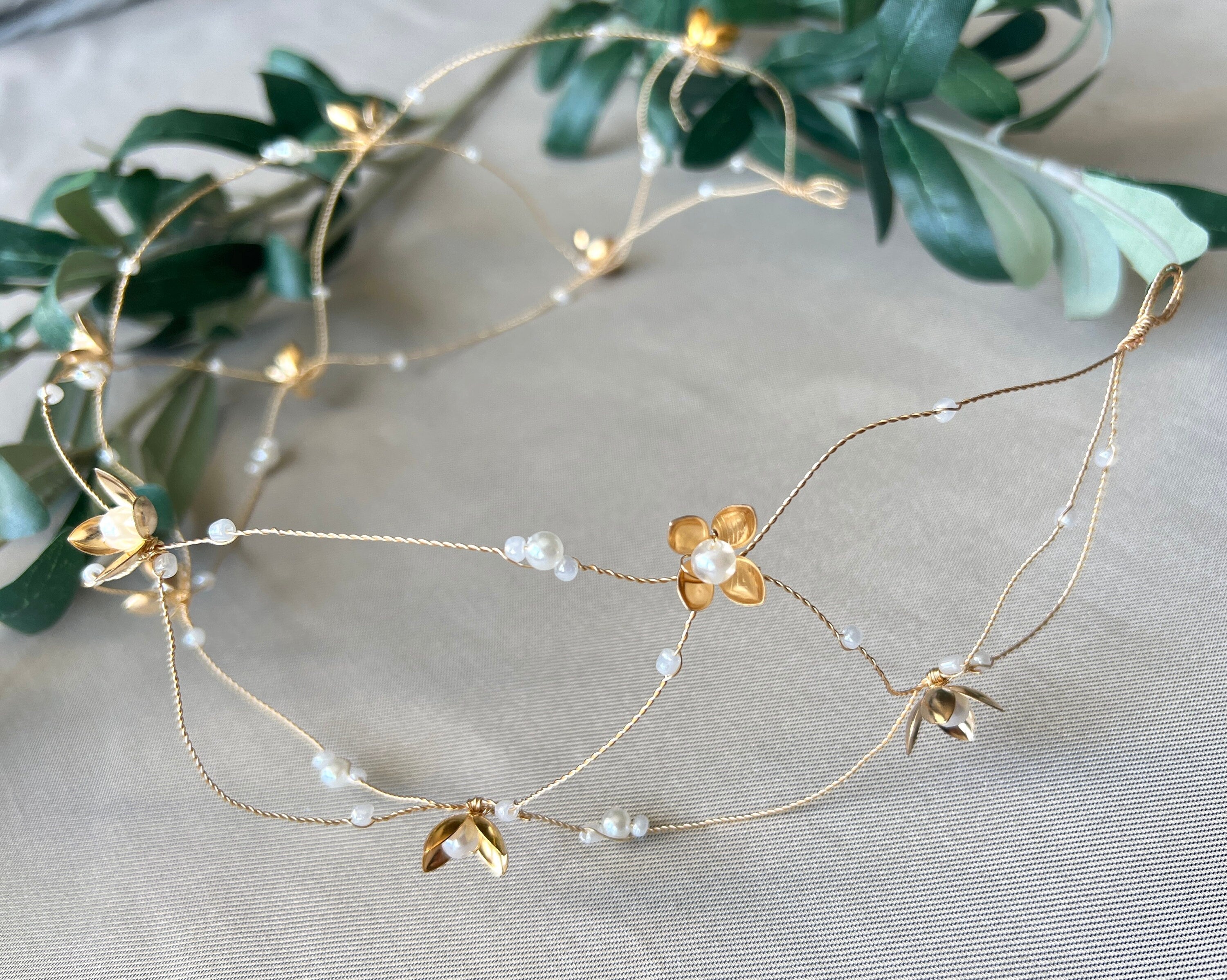 Braut Haarschmuck, gold mit Perlen, goldene Blüten, Vintage Hochzeit, Brautschmuck, Hochzeitshaarband, Haarkranz, Haarranke, Haarrebe-Brauthaarschmuck-Schmuckblüte