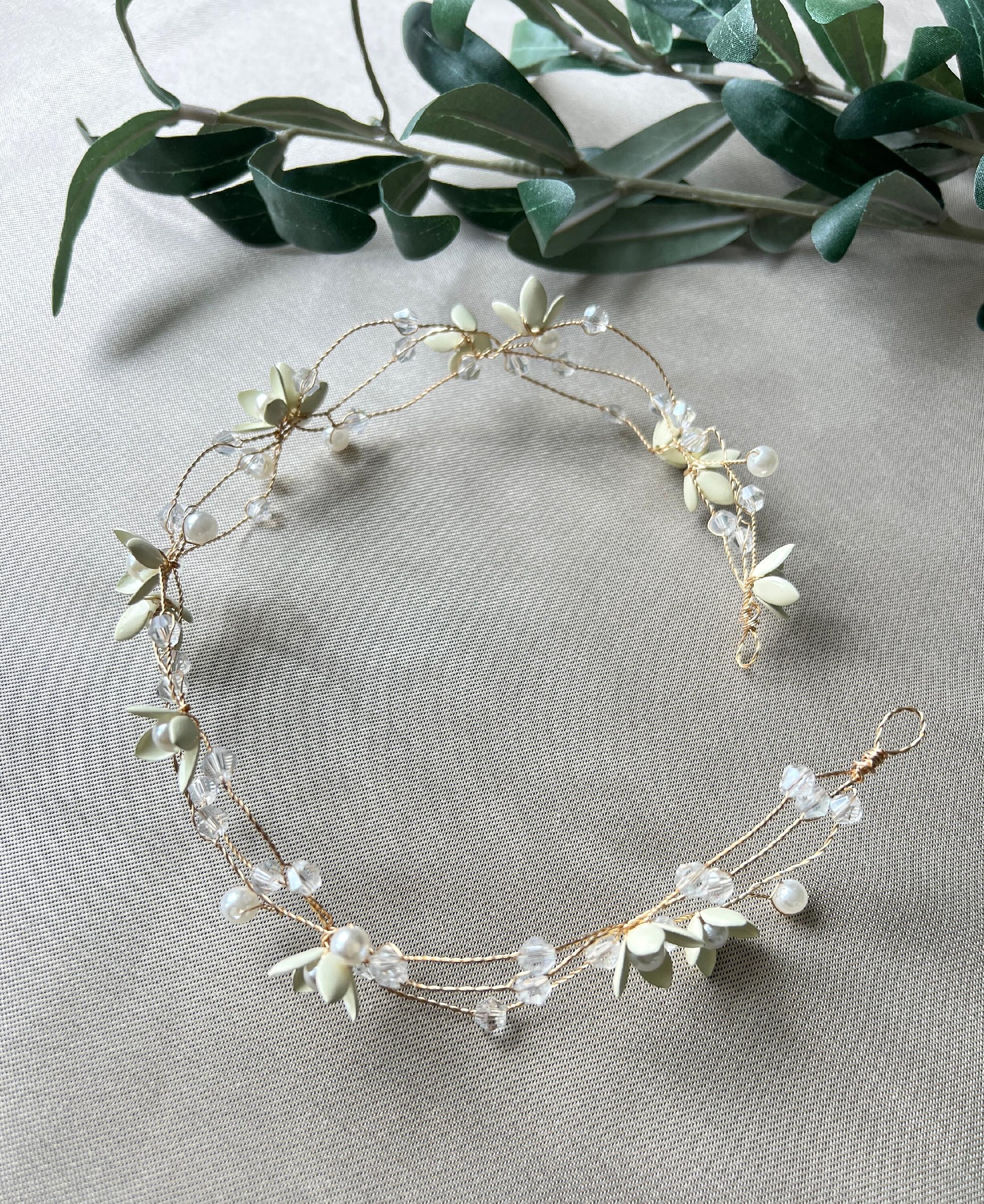 Braut Haarschmuck, gold mit Perlen und Blüten in Ivory, Hochzeit, Brautschmuck, Hochzeitshaarband, Haarkranz, Haarranke, Haarrebe-Brauthaarschmuck-Schmuckblüte