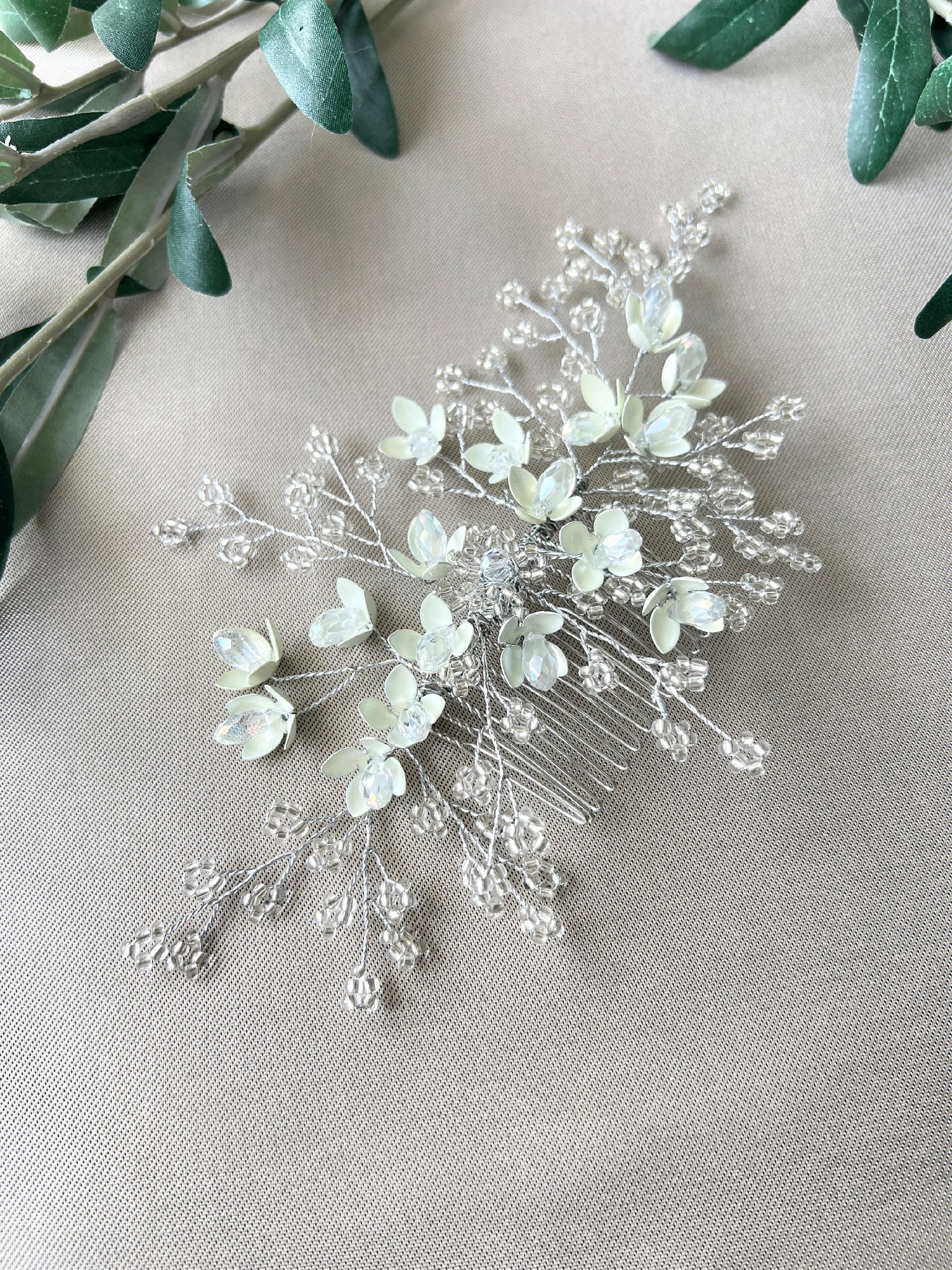 Braut Haarschmuck, großer Perlen Haarkamm, Silber, transparent, Blüten, floral, Hochzeit, Brauthaarschmuck, Brautfrisur, Kopfschmuck-Brauthaarschmuck-Schmuckblüte