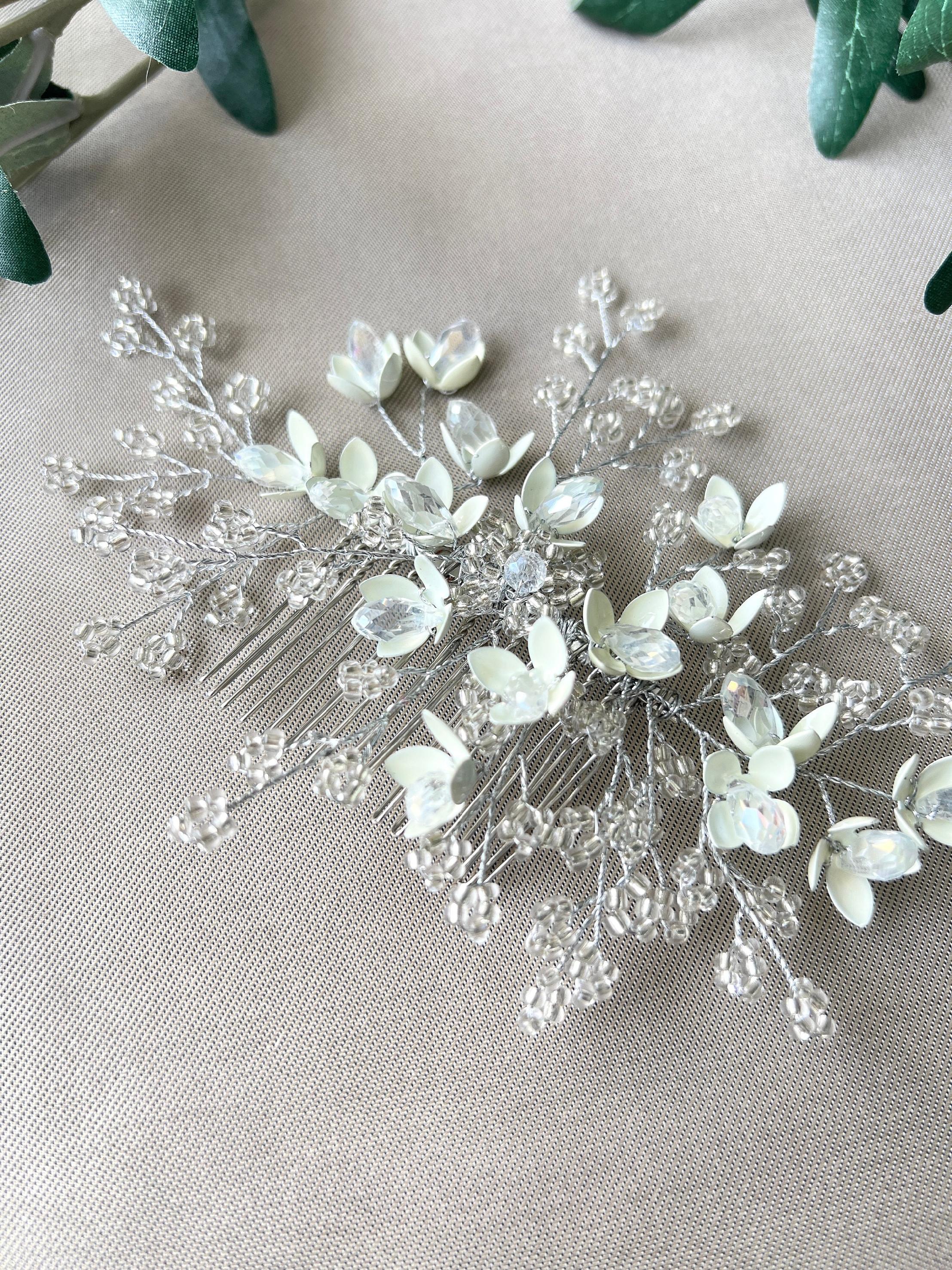 Braut Haarschmuck, großer Perlen Haarkamm, Silber, transparent, Blüten, floral, Hochzeit, Brauthaarschmuck, Brautfrisur, Kopfschmuck-Brauthaarschmuck-Schmuckblüte