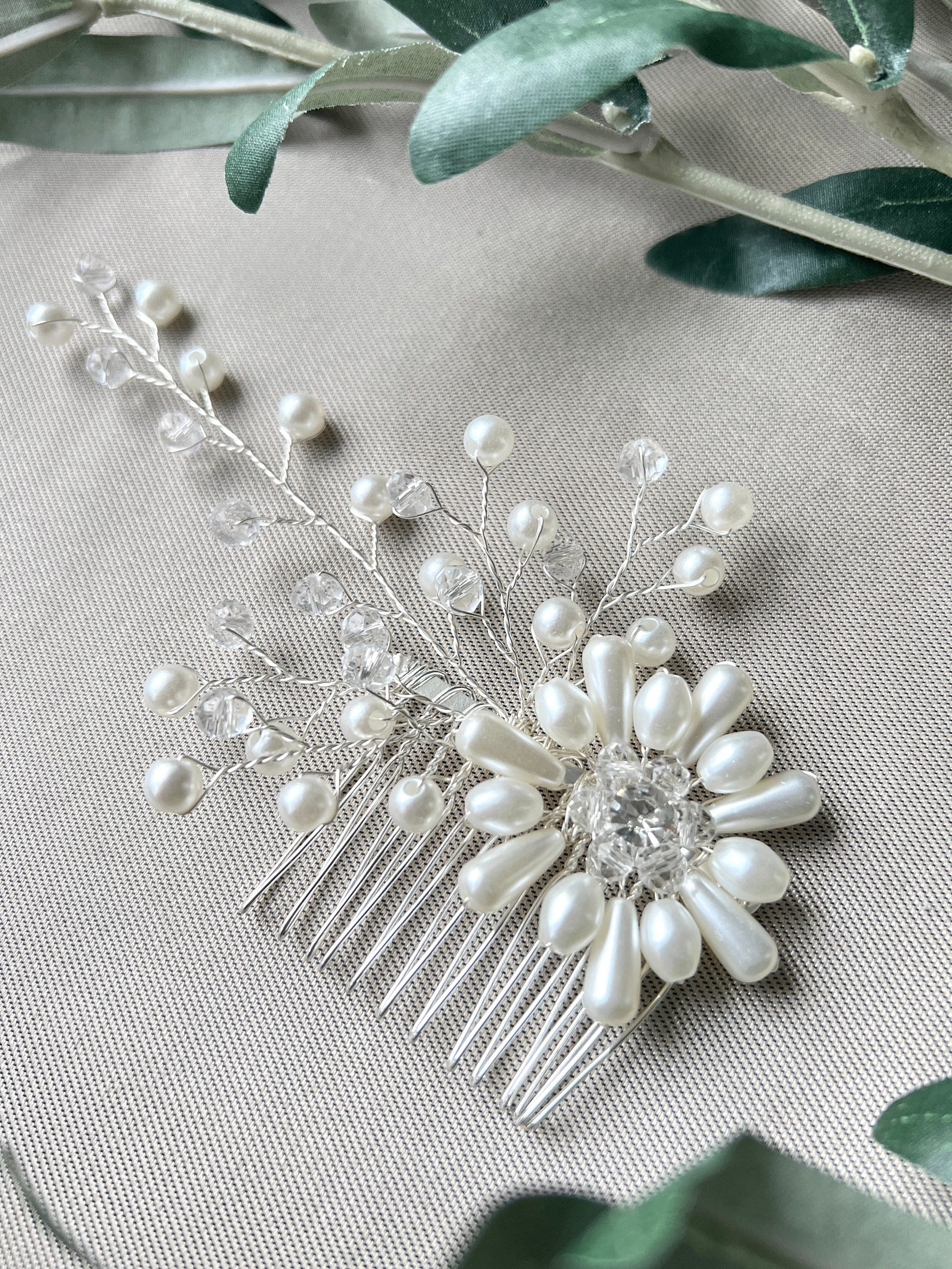 Braut Haarschmuck in Silber, Haarkamm, Perlen, Hochzeit, Blume Floraler Kopfschmuck, Brautjungfer, hochwertiger Brauthaarschmuck-Brauthaarschmuck-Schmuckblüte