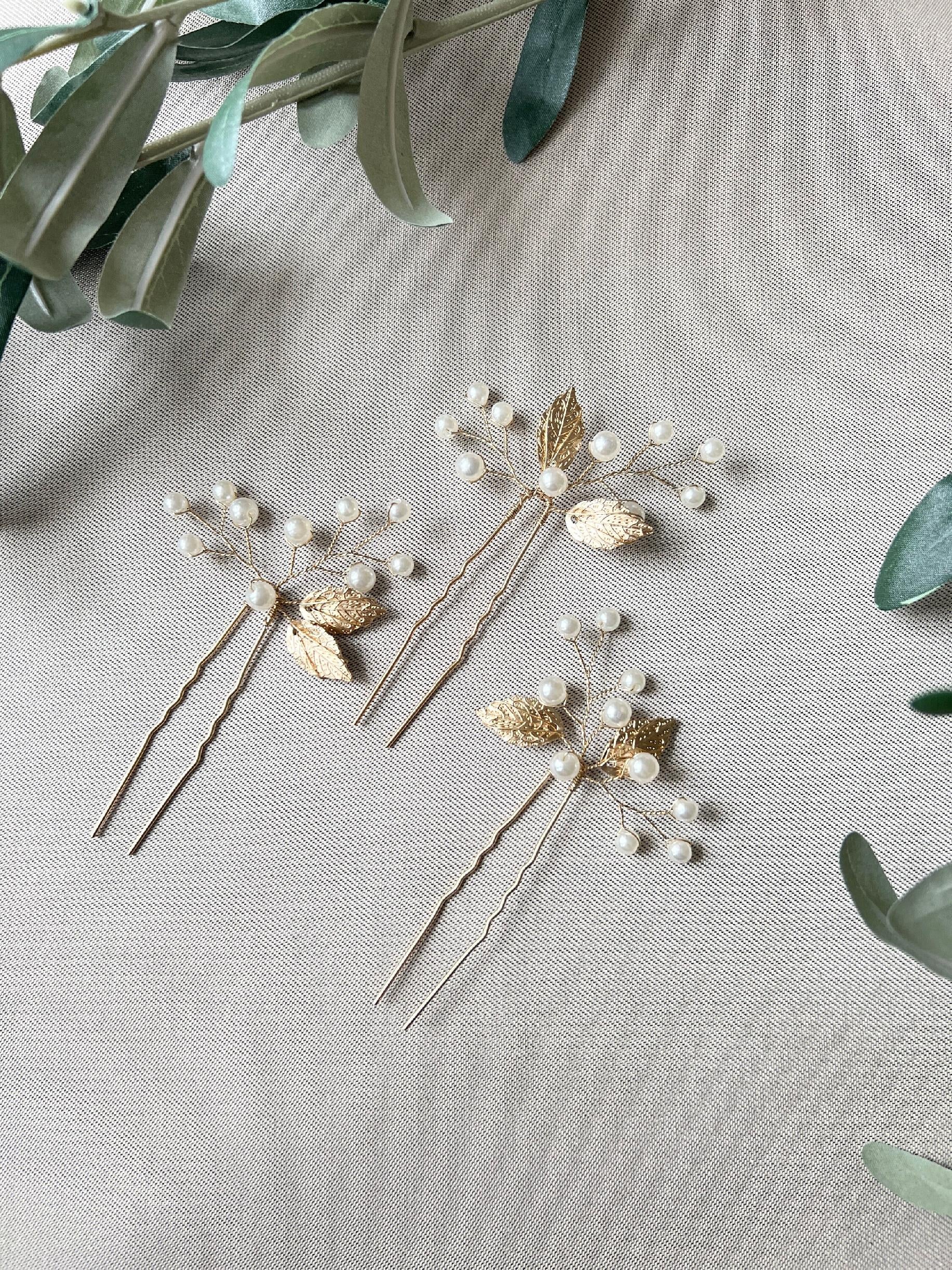 Braut Haarspange Set 3 Stück Gold mit weißen Perlen und Blättern Brautschmuck Braut Haarschmuck-Brauthaarschmuck-Schmuckblüte