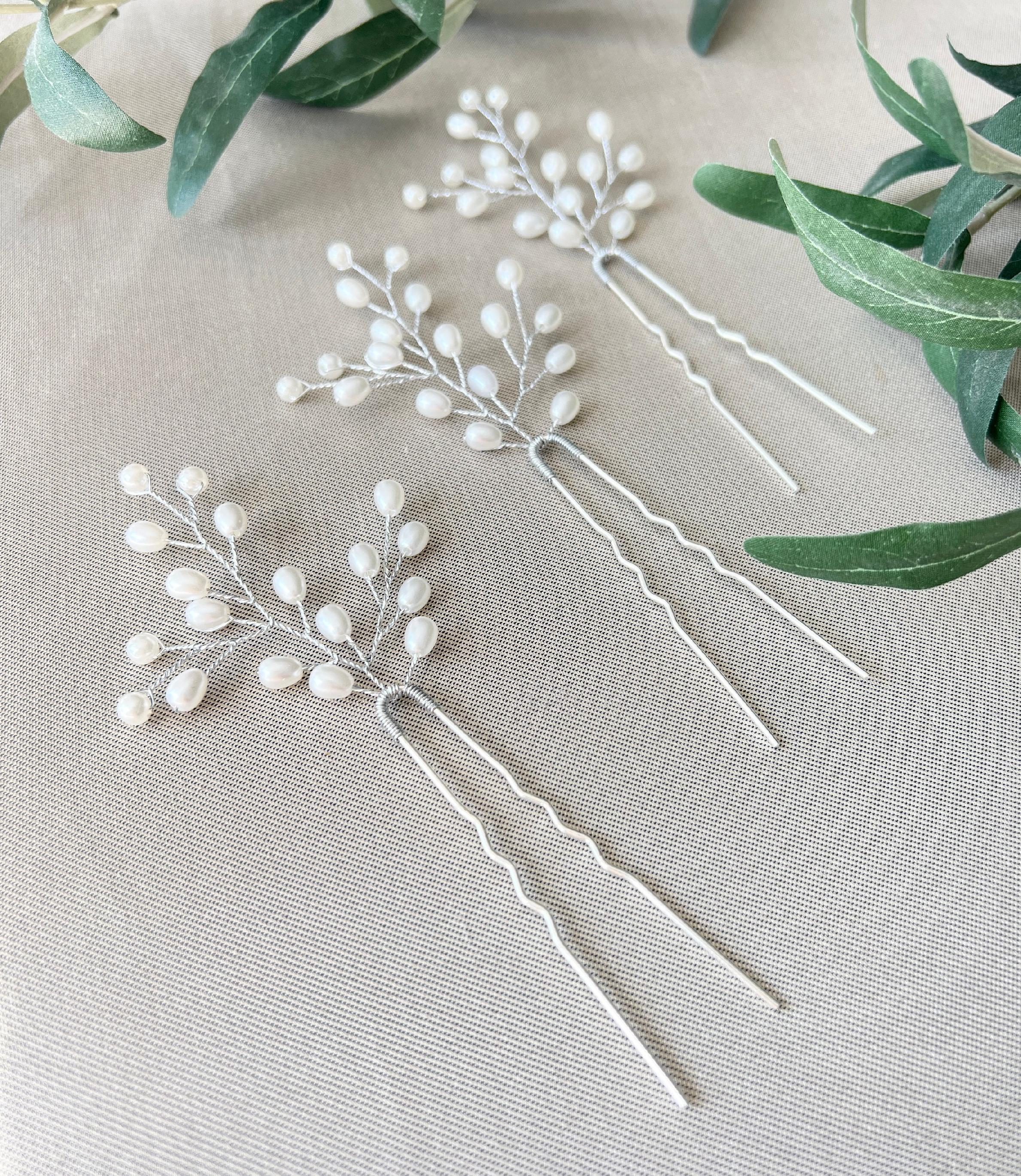 Braut Haarschmuck Set 3 Stück Haarspange silber mit weißen Perlen Haarnadeln Brautschmuck Hochzeitsschmuck Brautjungfer Trauzeugin Hochzeit-Brauthaarschmuck-Schmuckblüte