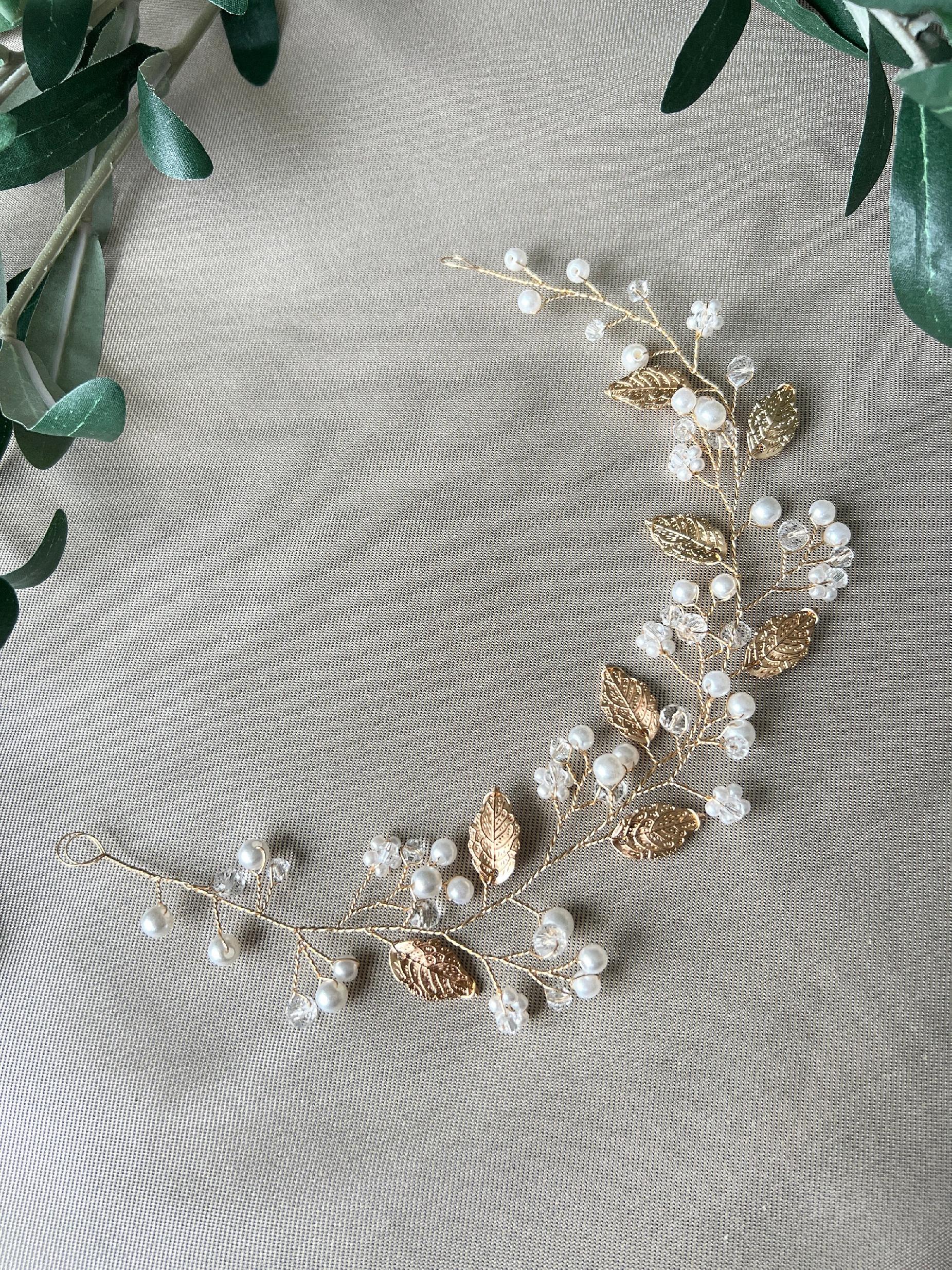 Braut Haarschmuck, gold mit Perlen, Blumen und Blätter, Hochzeit, Brautschmuck, Hochzeitshaarband, Haarkranz, Haarranke, floraler Schmuck-Brauthaarschmuck-Schmuckblüte