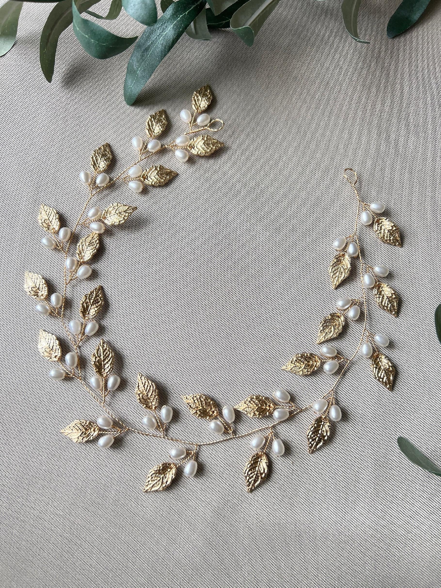 Haarschmuck Braut, Haarranke, Silber, Gold Haarkranz mit Perlen, Hochzeit Schmuck, - Gold-Brauthaarschmuck-Schmuckblüte